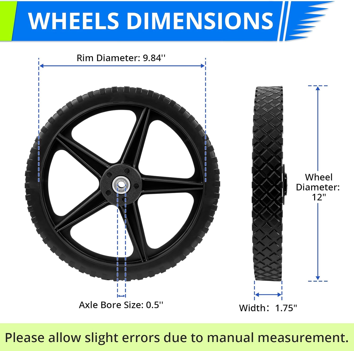 12 x 1.75 Inches Lawn Mower Wheels – Heavy-Duty Spoked Plastic Wheel with Diamond Tread For Push Mowers, Garden Carts, Hand Trucks, Pressure Washer and More (1/2-Inch Bore), 2 Pack