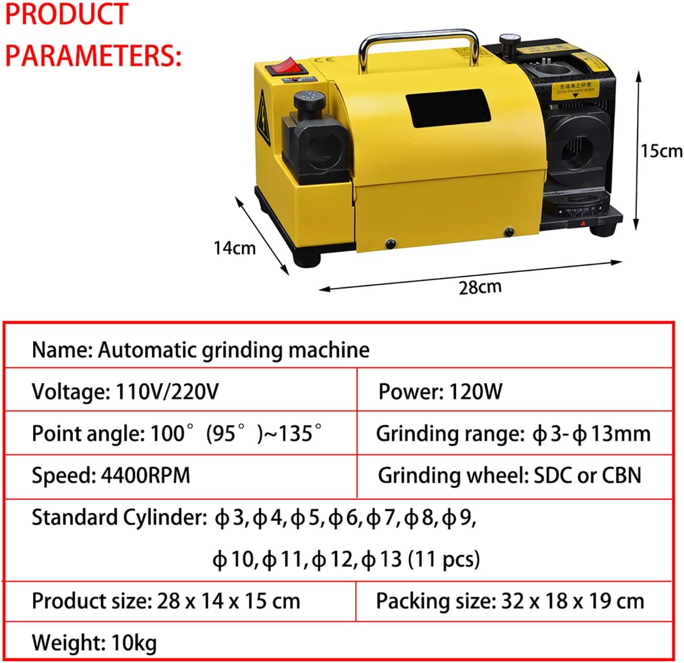 Professional Drill Bit Sharpening Tool End Mill Sharpener Re-Sharpener Machine Bench Drill Grinder Machine with 11 Collects for Workshop