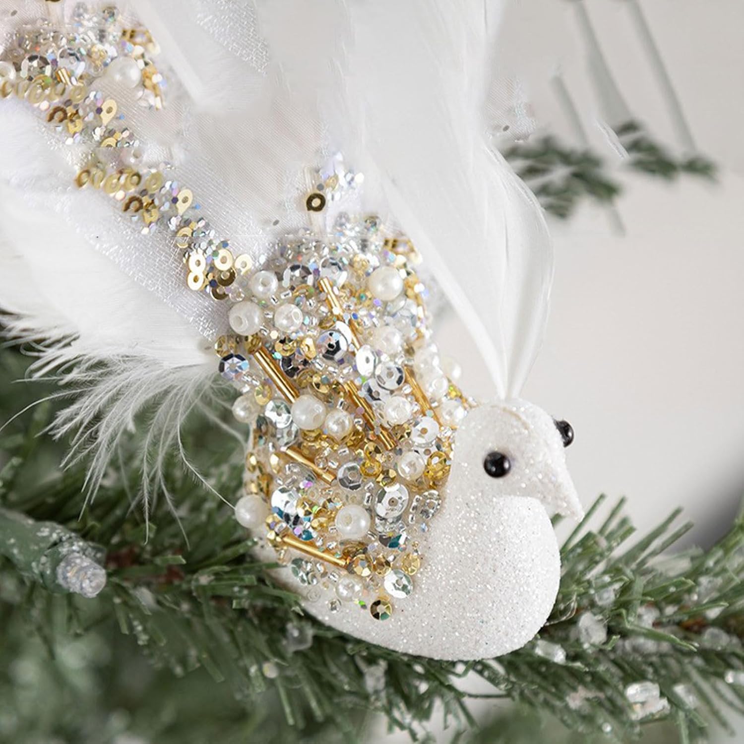 ホワイトピーコッククリスマスオーナメント2個パック 人工羽 クジャク 鳥 クリップオンオーナメント クリスマスツリークラフト/ウェデ