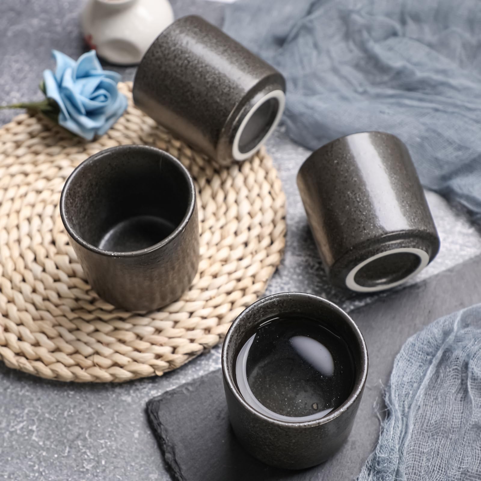 Juego de tazas de té de cerámica sin asa (4 L), color negro