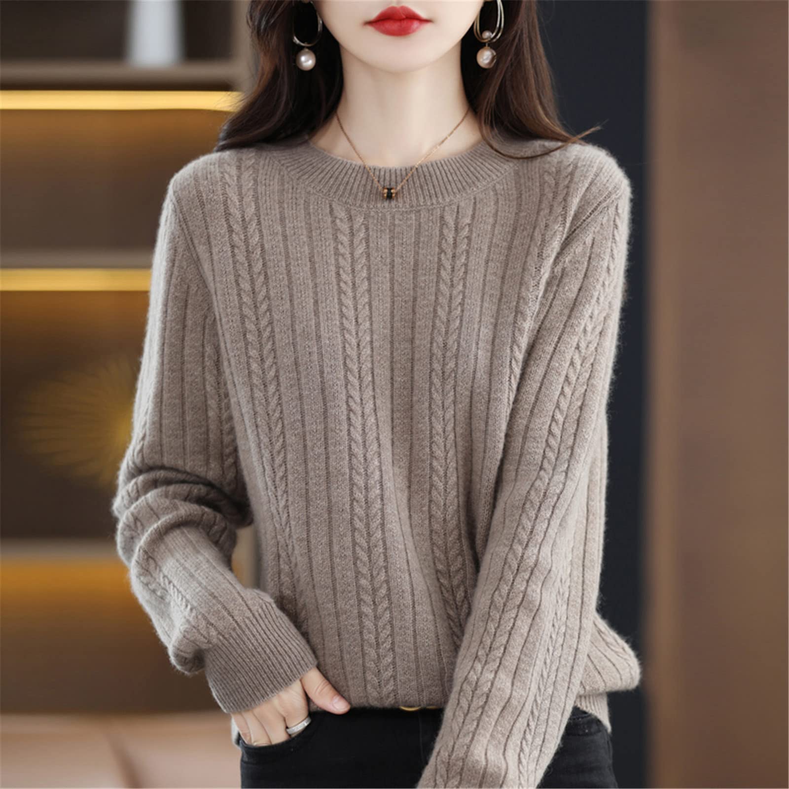 Suéter de cachemira para mujer, cuello redondo, suéter de otoño e invierno, nudo superior, suéter de lana engrosada, Camello dorado, S