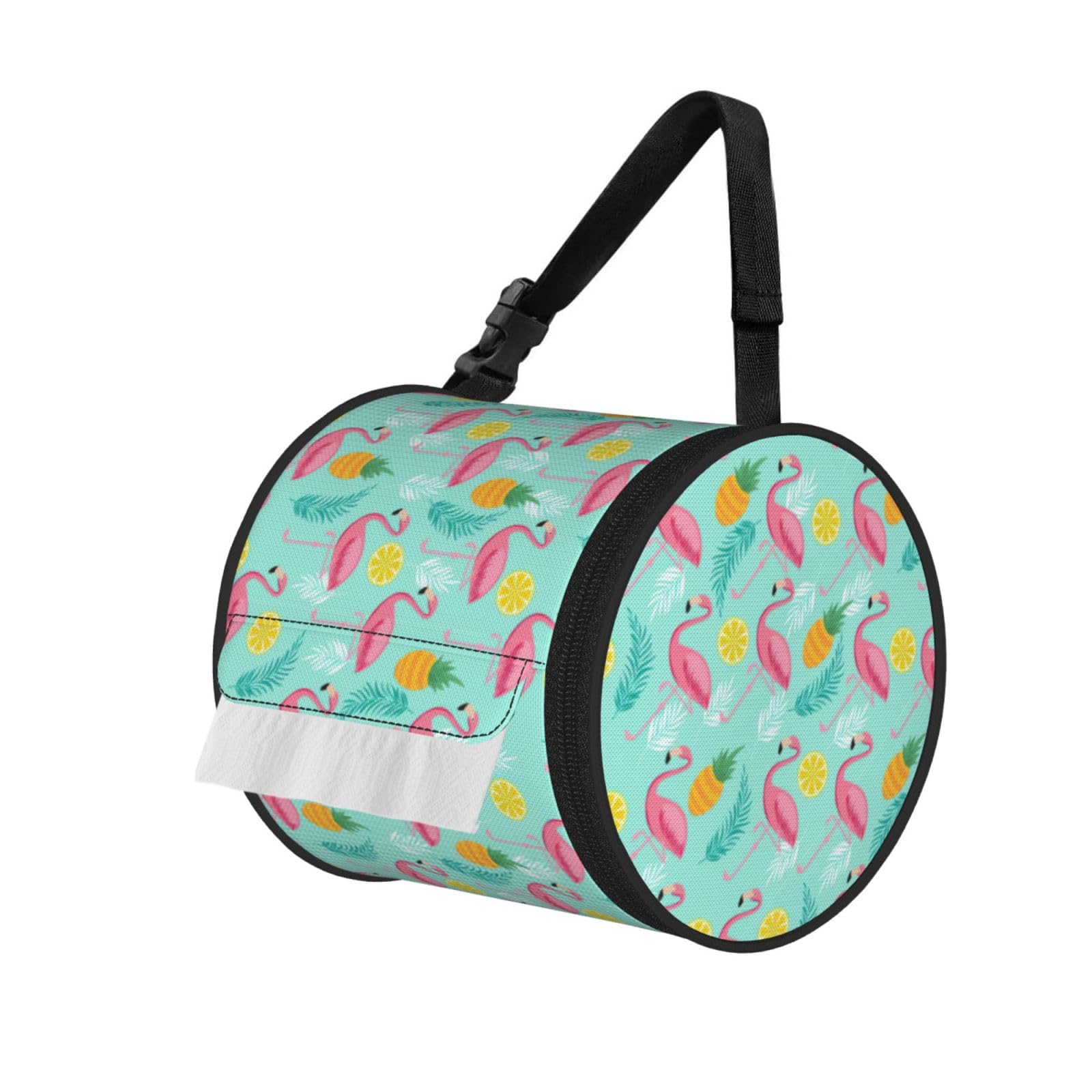 Pink Flamingo Printed Roll Paper Carrier Bag, Foldable Oxford Cloth Tissue Case for Camping Hiking Backpack