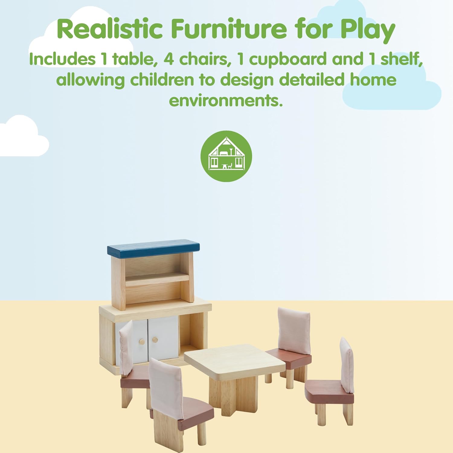 PlanToys® Wooden Dining Room Set | Montessori Dollhouse Furniture with Table, Chairs, Cupboard and Shelf | Imaginative Role Play Toy for Social Interaction | Eco Friendly Pretend Play Kitchen Activity