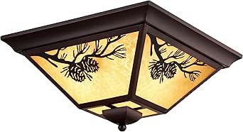 VAXCEL Douglas Warm Bronze Rustic Outdoor Flush Mount Ceiling Light Pine Cone Motif Amber Glass