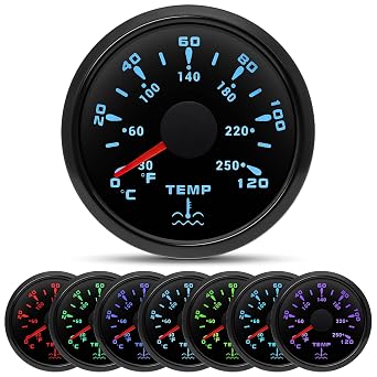ARTILAURA Water Temp Gauge 7 Color 2-1/16" 52mm AUTO Water Temperature Meter 30-250F / 40-120C All Black