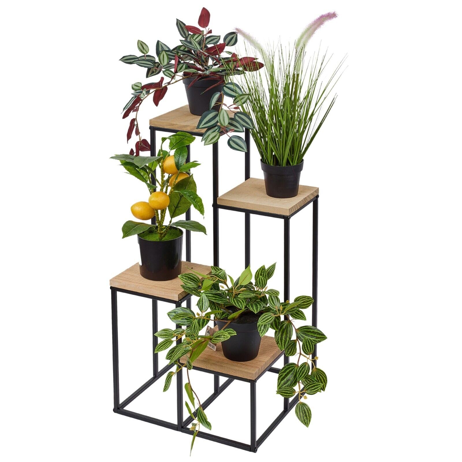 Urbnliving Black Tall Metal & Wood Plant Stand 4-Tier Indoor Flower Pot Display Shelf, Stylish And Durable, Space-Saving Design, Perfect For Home Decor, Ideal For Showcasing Plants And Flowers