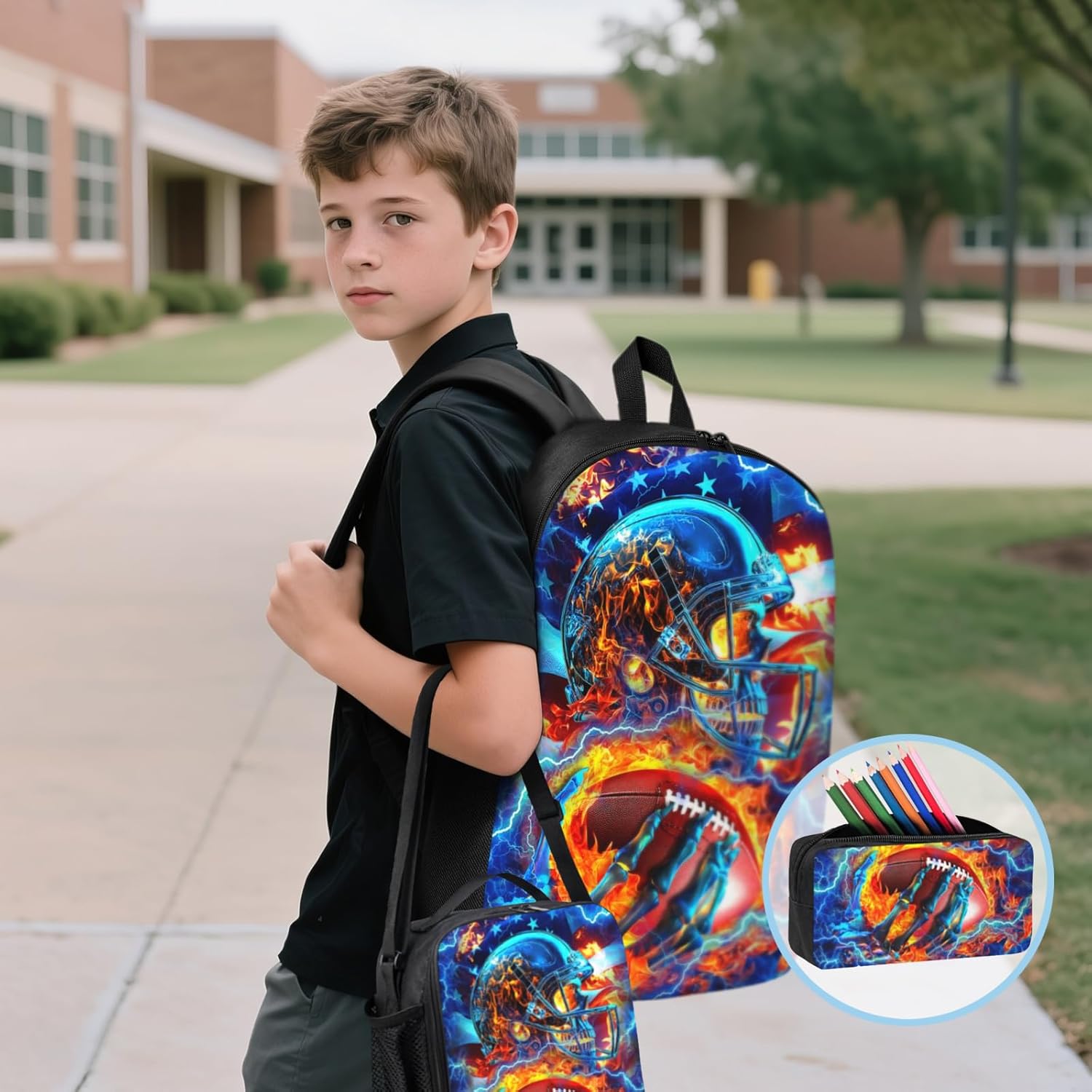 Football School Backpack for Boys Skull Sports Theme Boys Backpack with Lunch Box Set for Kids Children Teens Elementary Middle School Large Capacity Game School Bag 17" Travel Back Pack for Age 6-18
