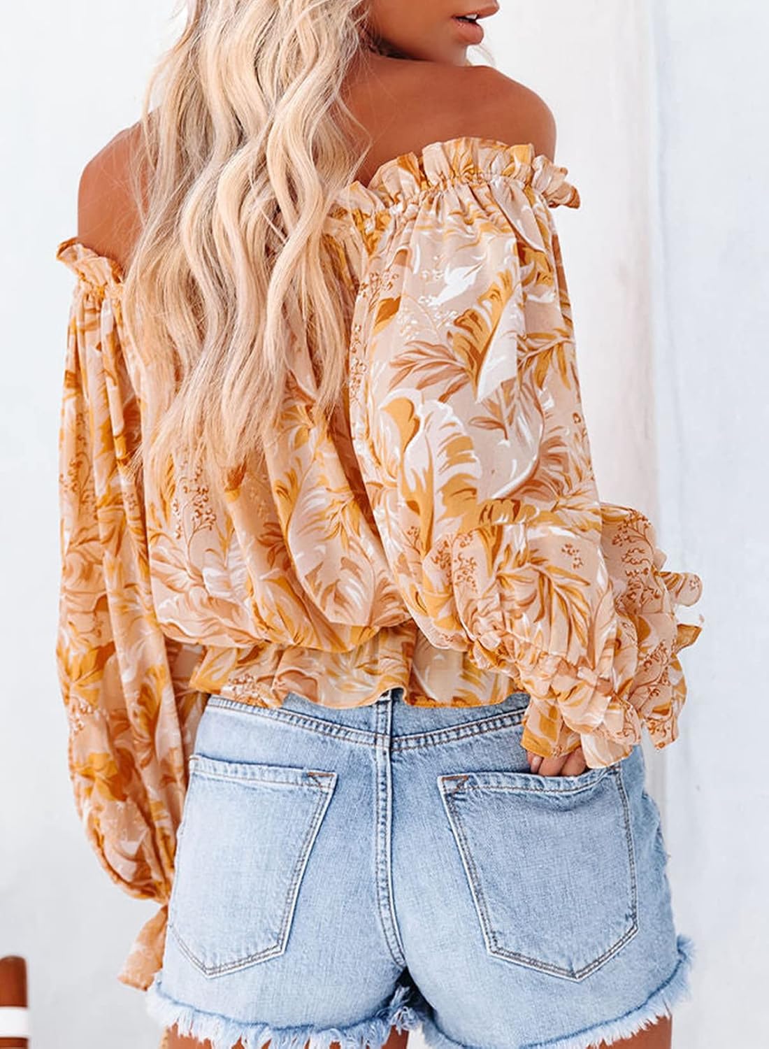 BLENCOT Summer Sexy Off Shoulder Tops for Women Boho Ruffle Sleeve Floral Chiffon Shirts Blouses - Image 2