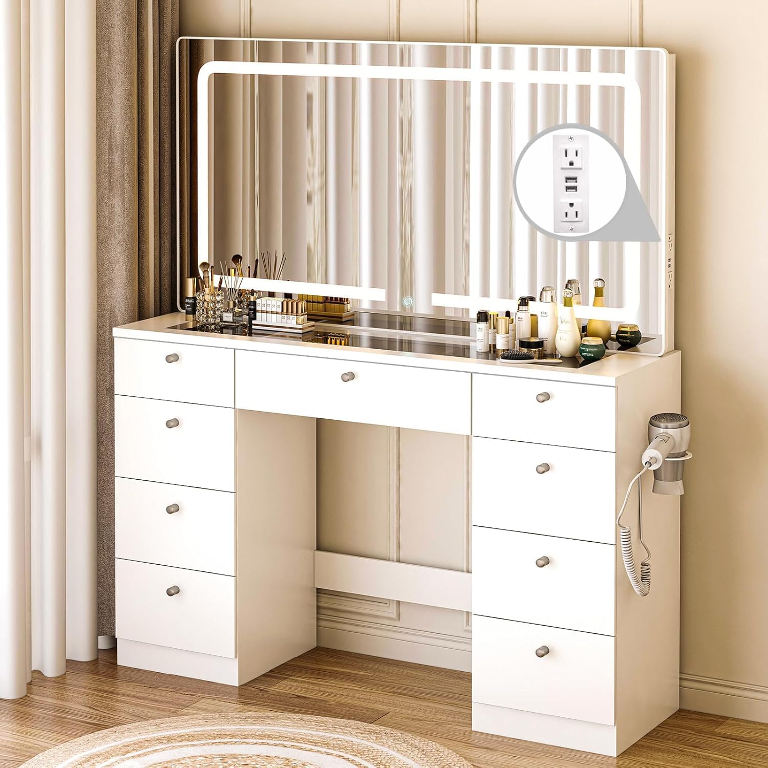 Vanity with Lighted Mirror, Glass Top Makeup Vanity Desk with Power Outlet and 9 Drawers, 3 Color Lighting Modes Adjustable Dresser for Bedroom, White