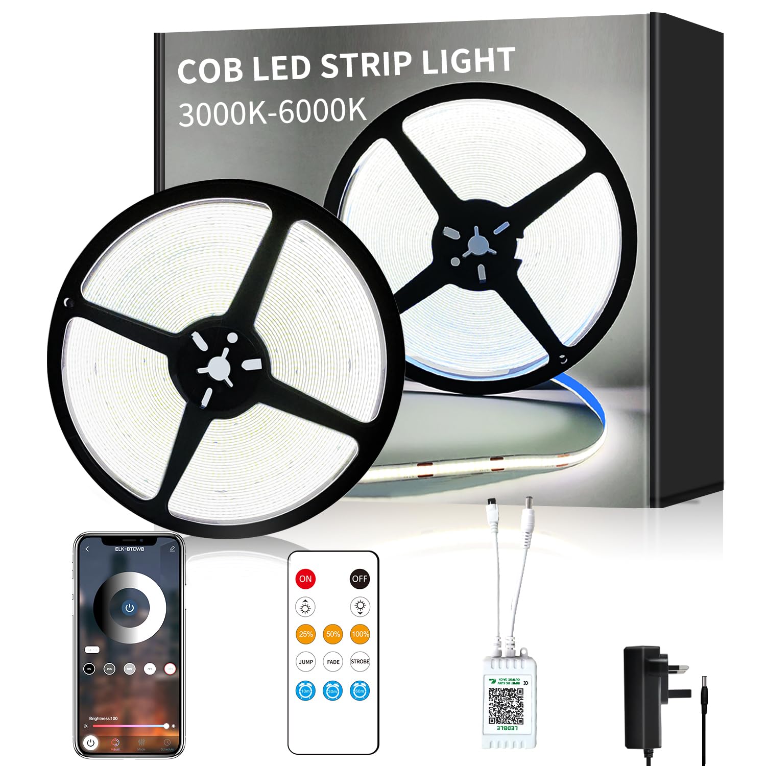 Yeewhale COB LED Strip Lights 6000K 15M 24V Dimmable White LED Strip Kit, with Remote and app Control and UKCA Power Supply LED Tape Lights,for DIY Home Decoration
