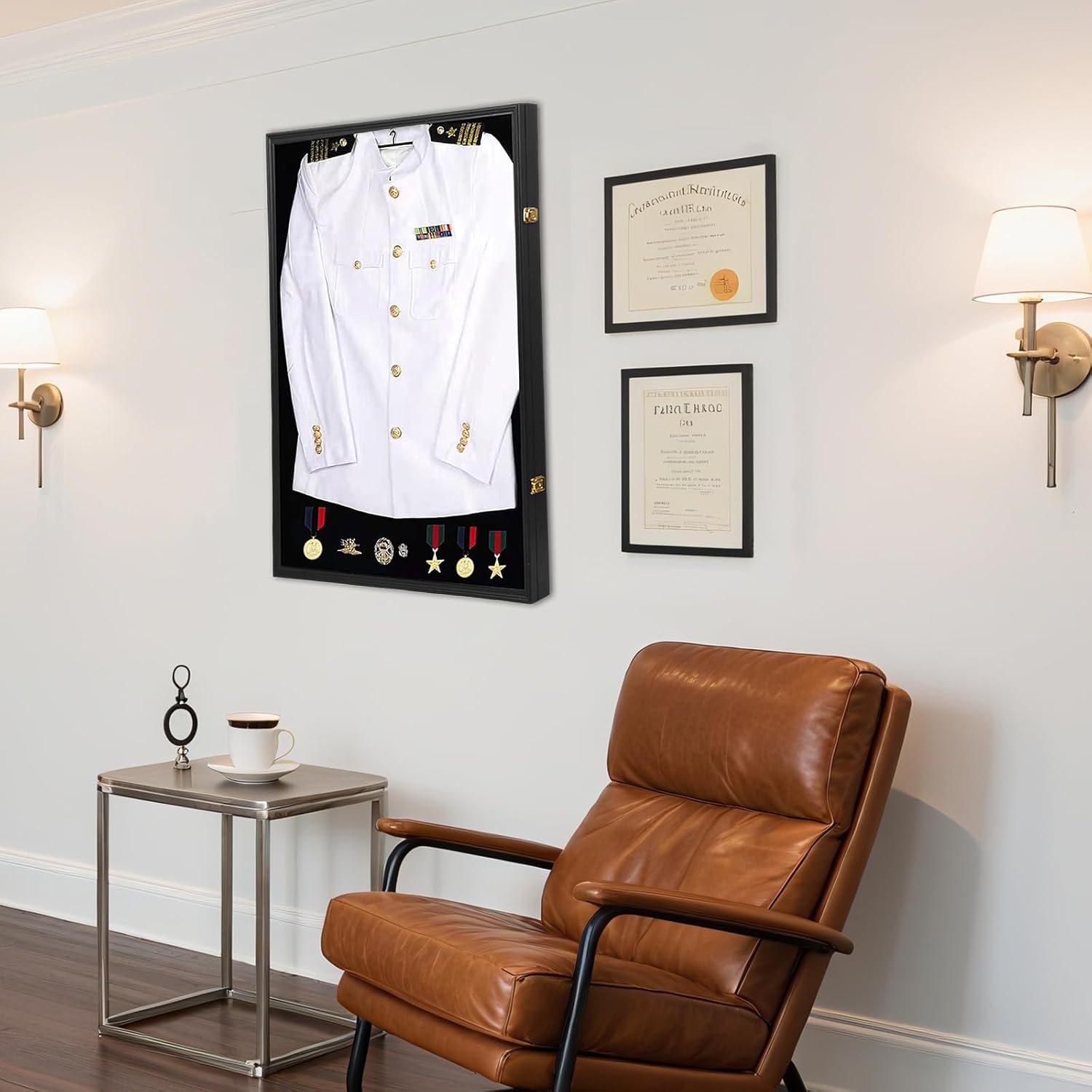 Military Uniform Shadow Box, Police Uniform Display Frame, Clear Acrylic Surface Shadow Box with Hanger and Lock for Military Uniforms, Jerseys, Hanging Badges and Medals Flag （35.82x25.59x2）