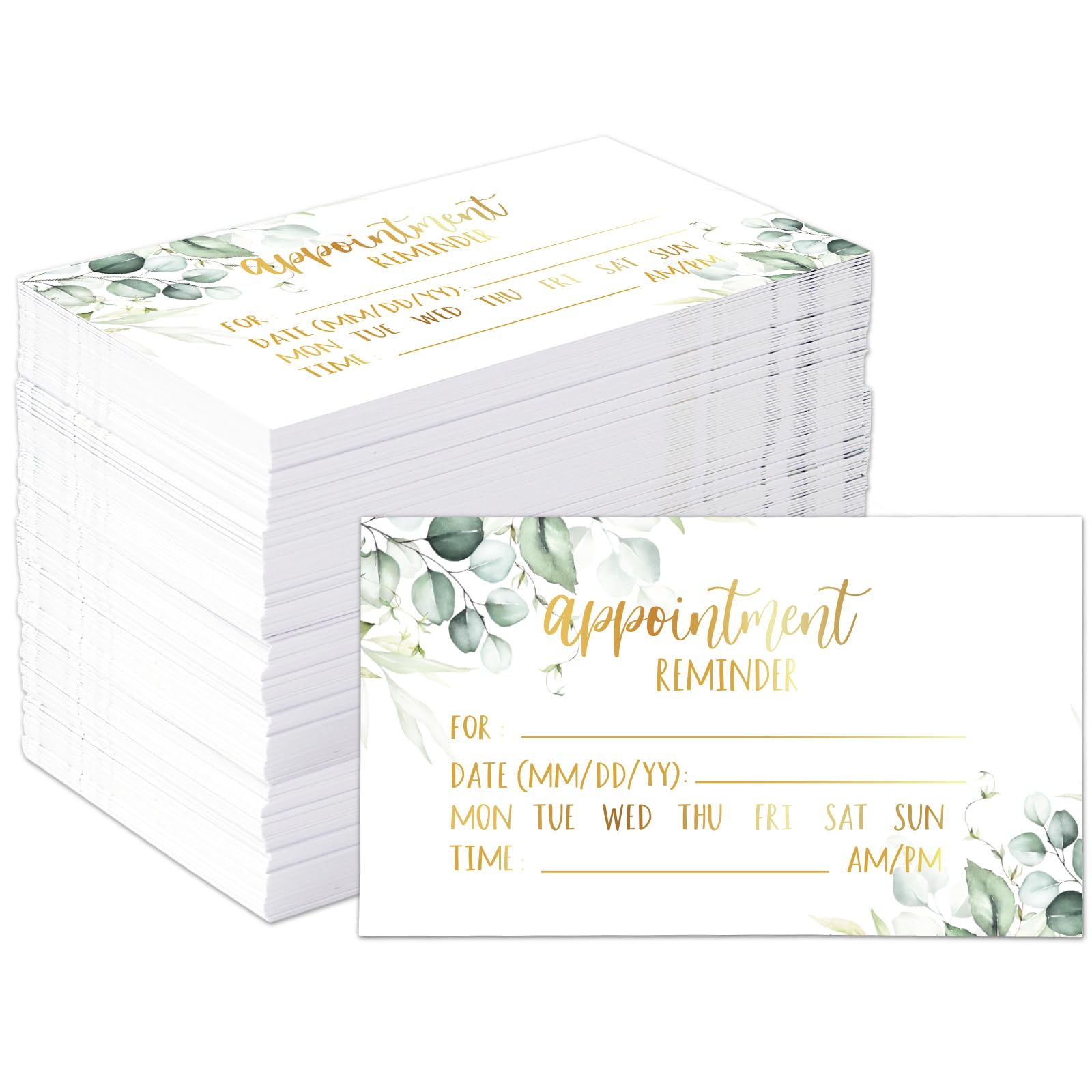 AnyDesign 200 tarjetas de recordatorio de citas verdes, diseño de follaje, tarjetas de cita de lámina dorada para negocios, peluquería, oficina, spa, masaje, aseo de perros, suministros de restaurante