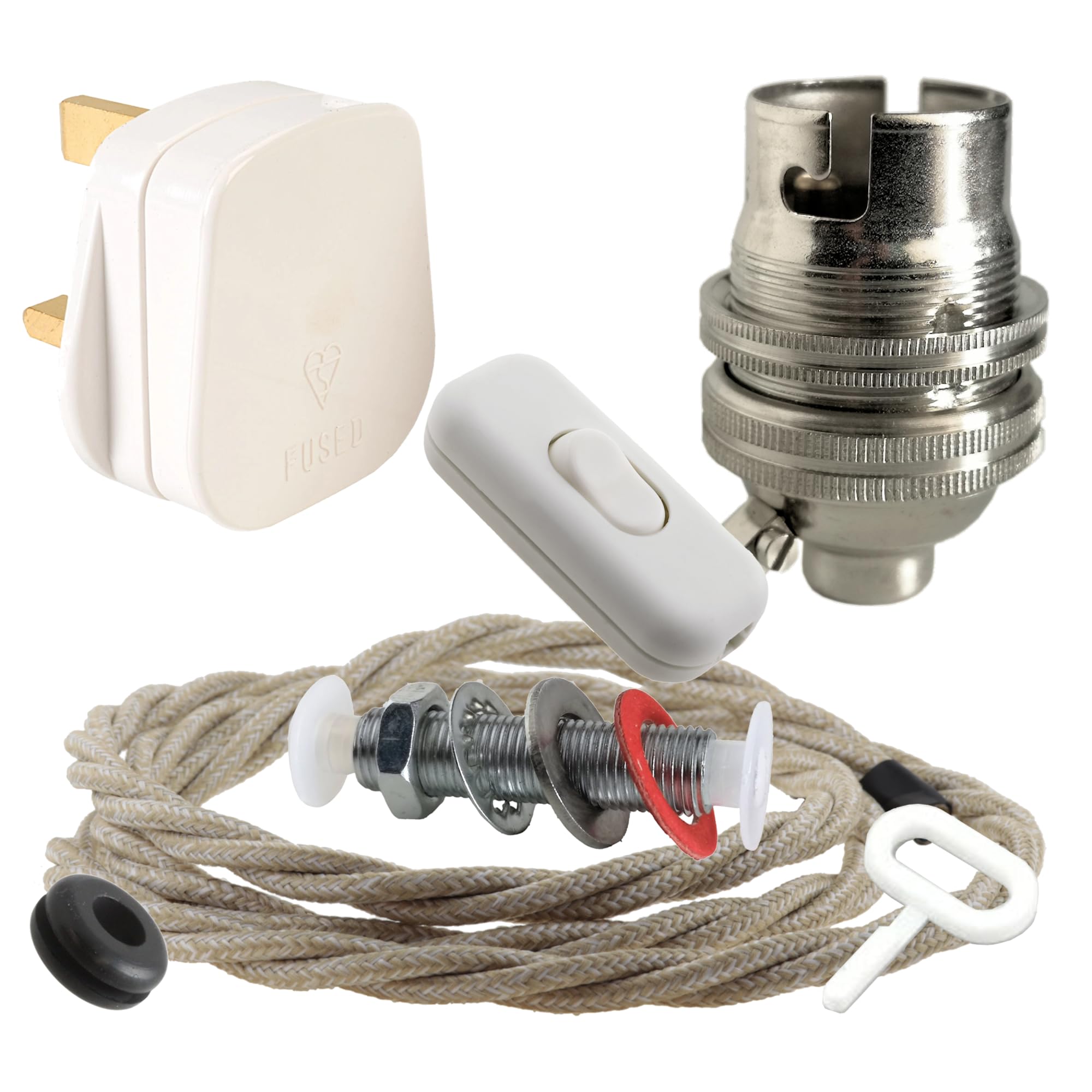 Art Deco Emporium Lamp Repair and Servicing Kit|White Plug|Linen Flex|White Switch|B22 Chrome Finish Lamp Holder