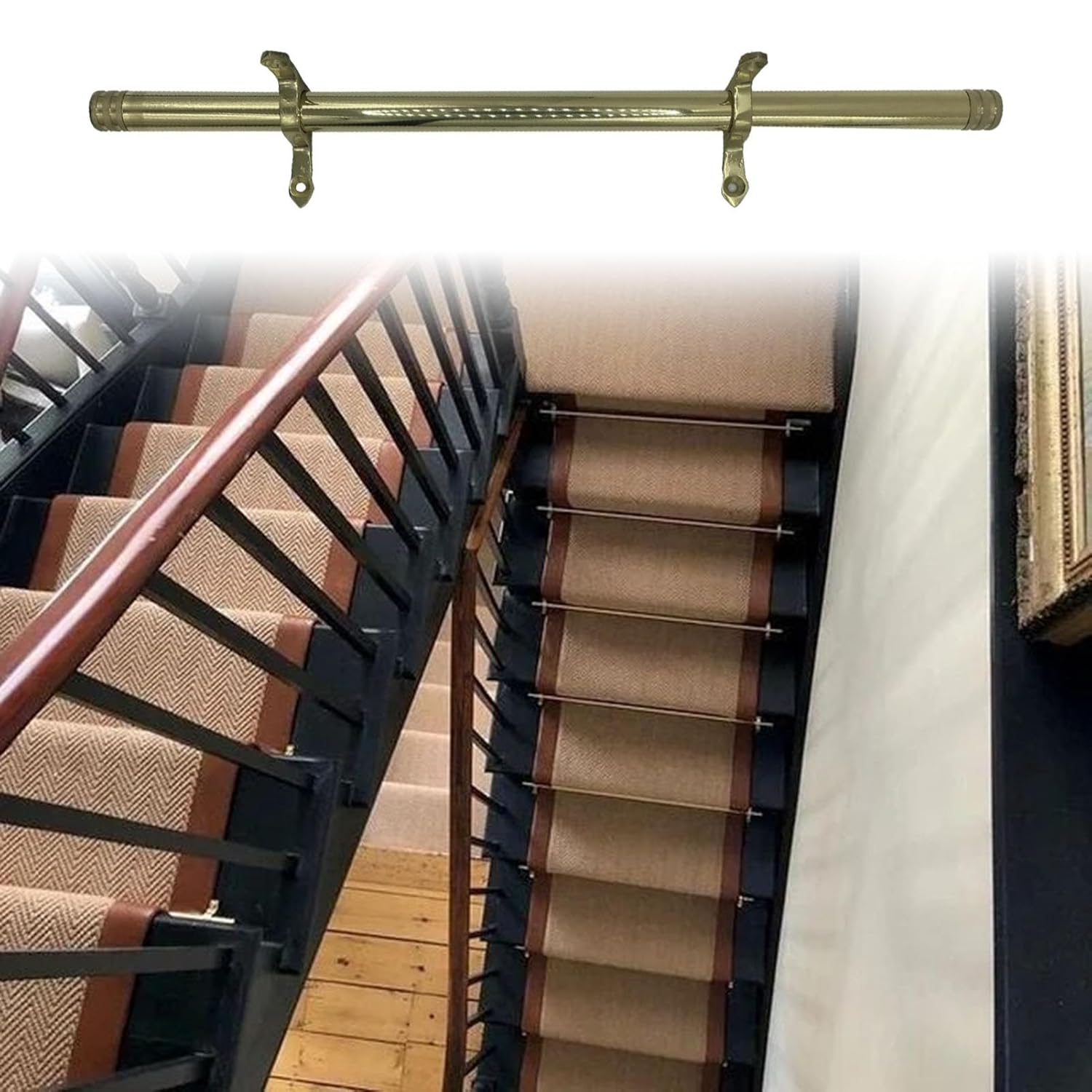 Minimalist Stairway Brackets for Prevent Rugs Slippage, Bright Brass Stair Carpet Runner Rod Set, Sturdy Hotel, Library ＆ Museum Staircase Decor(90cm/36in(5pcs))