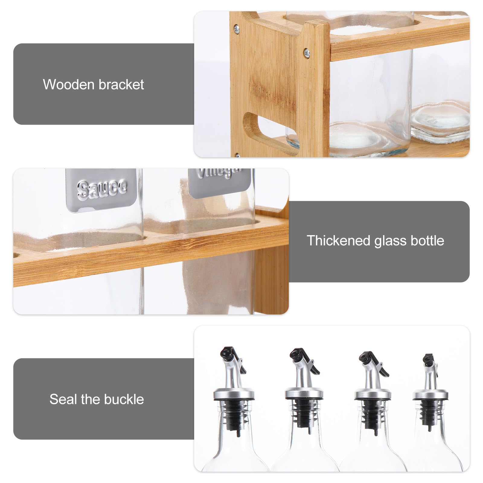 Ciieeo Ölflasche aus Glas und Edelstahl 500ml Auslaufsicher 5 Stück mit Holz Aufbewahrungsregal für Öl und Essig für Küche