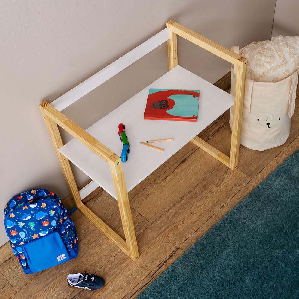 IDIMEX Kinderschreibtisch SUZA höhenverstellbar Massivholz Natur/weiß - Tischplatte in 4 Höhen verstellbar, ideal für kleine Räume, minimalistisches Design im Montessori-Stil