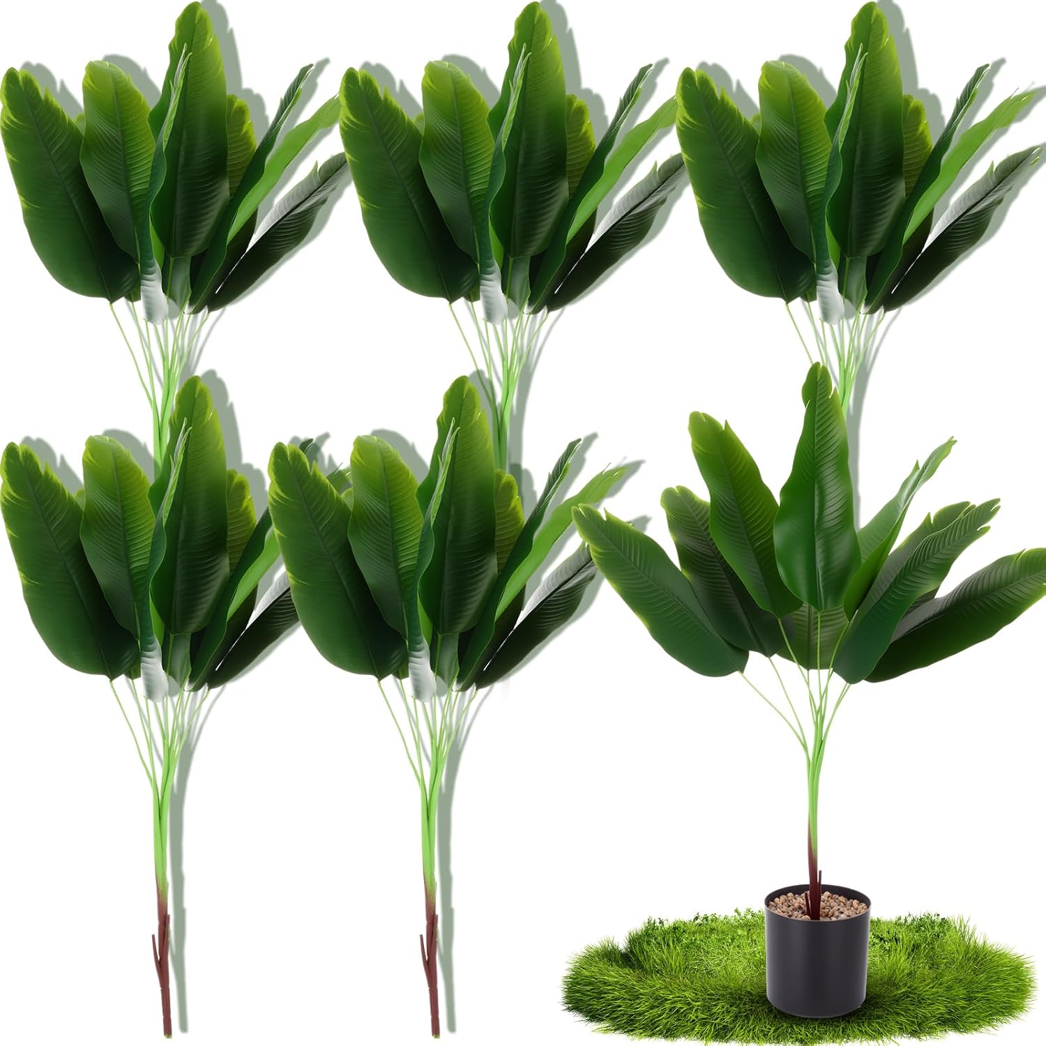 Giegxin 6pcs Artificial Plants 32” Faux Banana Tree Leaves with Stems Tropical Monstera Leaf Fake Turtle Palm Leaves Tropical Plants for Wedding Floral Hawaiian Beach Party Indoor Outdoor Garden Decor