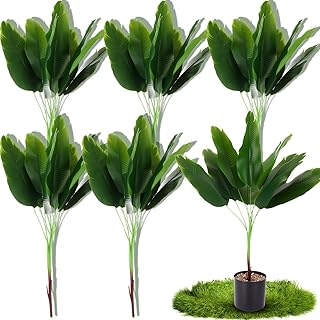 Giegxin 6 Pcs Artificial Plant 32” Faux Banana Tree Leaves with Stem Tropical Monstera Leaf Fake Turtle Palm Leave Tropical Plant for Wedding Floral Hawaiian Beach Party Indoor Outdoor Garden Decor