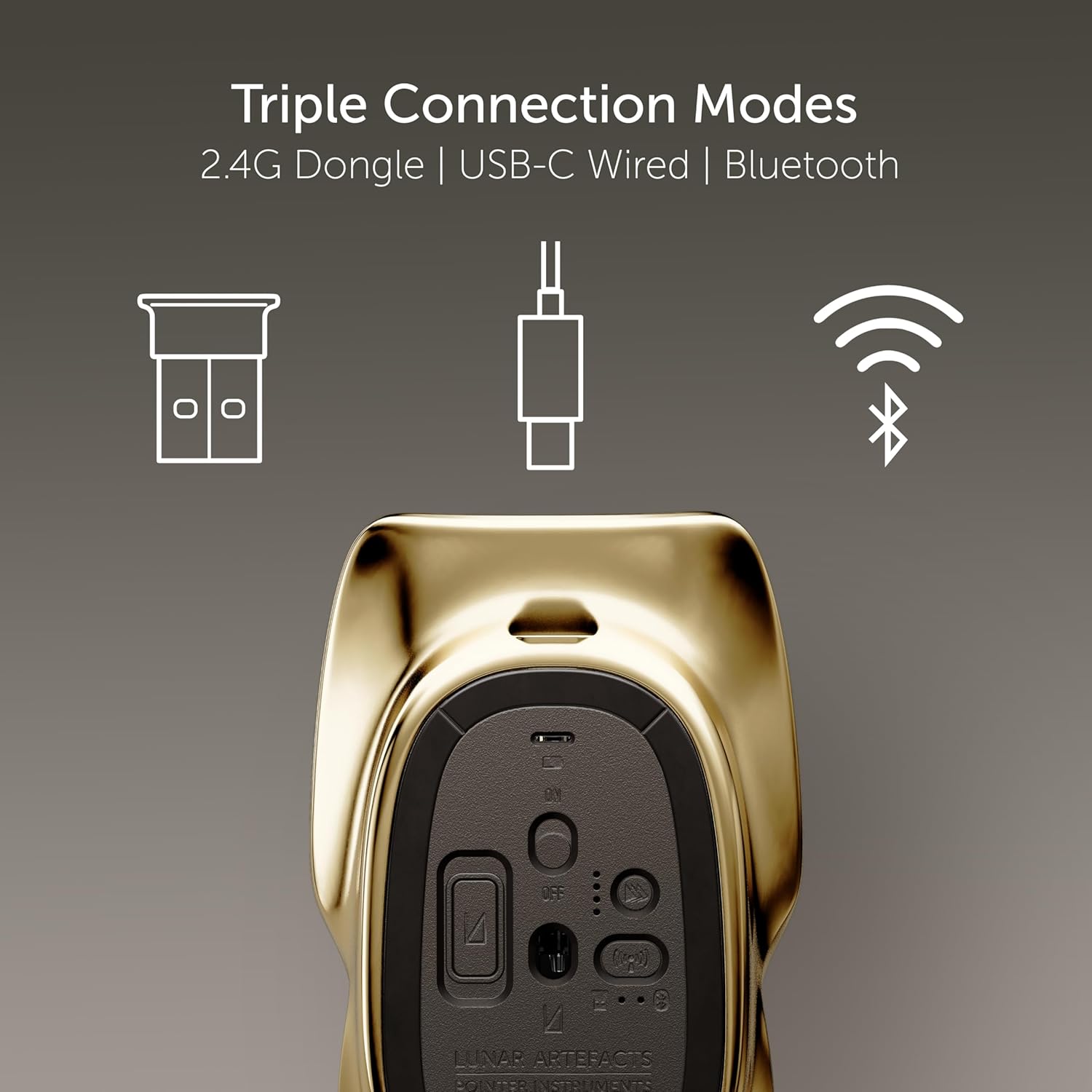 LUNAR ARTEFACTS Ambidextrous Rechargeable Bluetooth Wireless Computer Mouse Black French Leather and Gold Tone Plated Aluminum, Qi Enabled USB-C