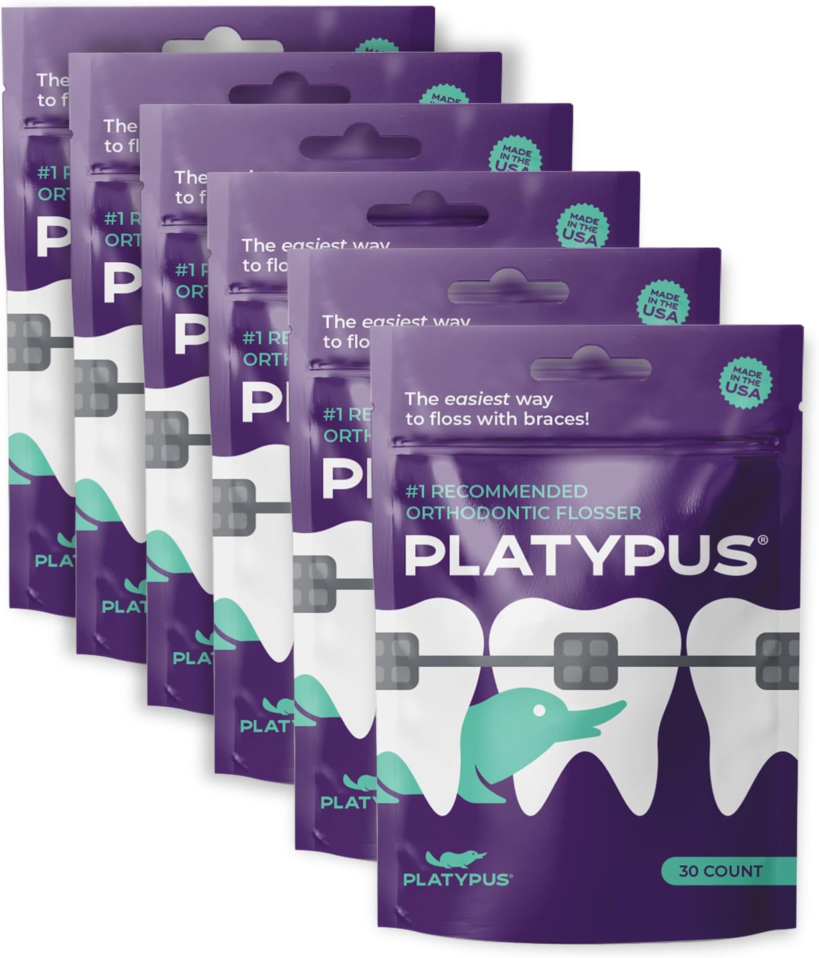 Platypus Orthodontic Flossers for Braces, 30 Count (Pack of 6), Ortho Picks for Adults & Kids, Fits Under Arch Wire, Non-Damaging, Encourage Flossing Habits