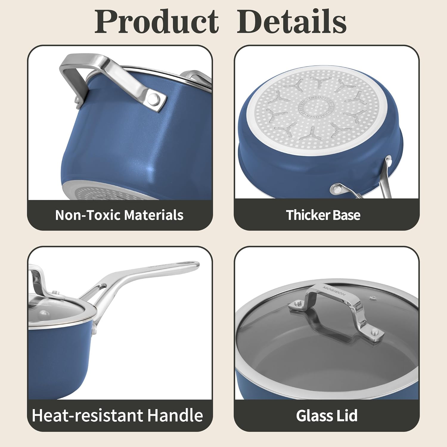 7-Piece Ceramic Nonstick Cookware Set with Lids - PFAS/PTFE/PFOA Free, Interior & Exterior Ceramic Coating -Easy to Clean- Kitchen Storage-All Stovetop Compatible & Oven-Safe up to 480°F