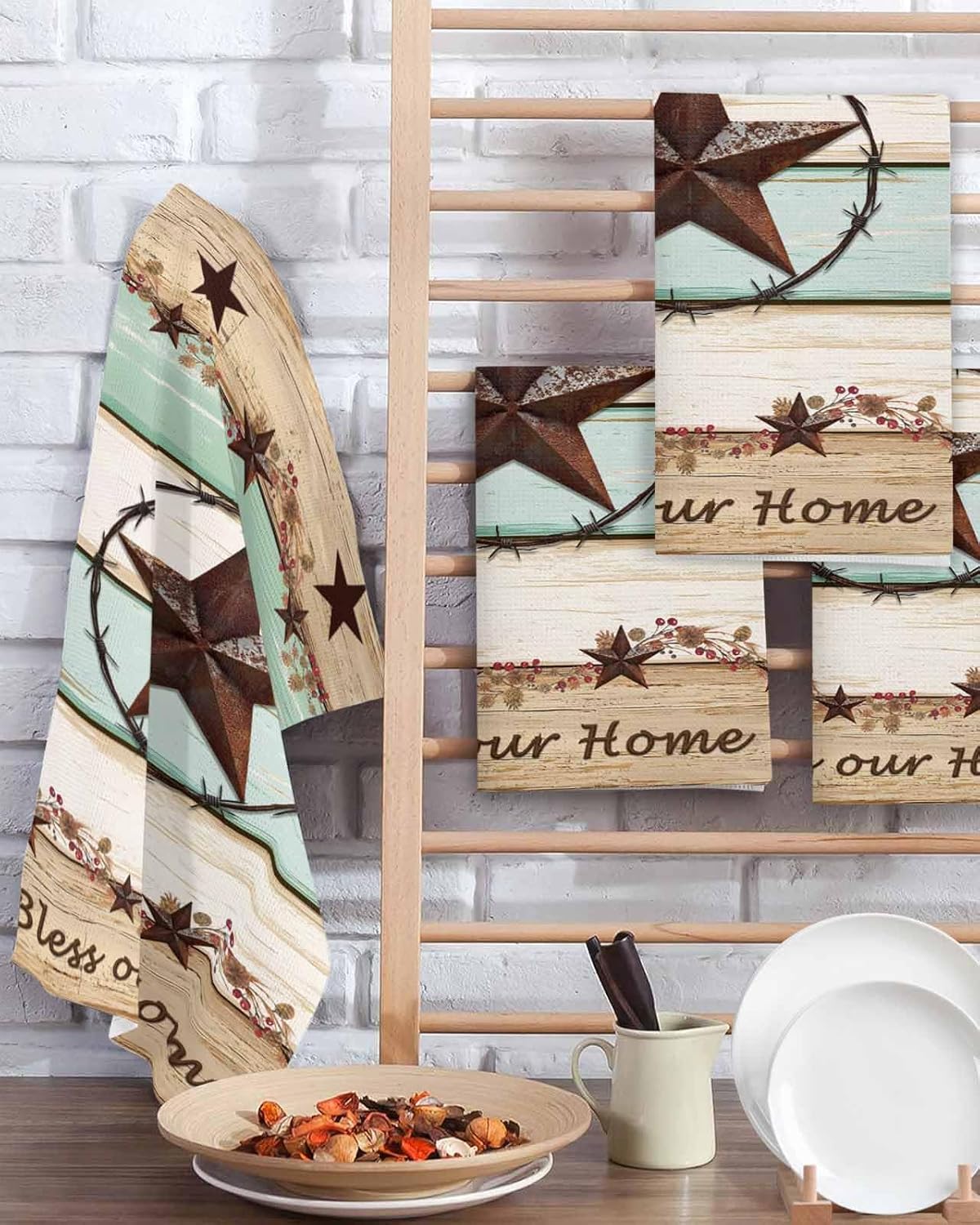 Western Texas Star Green Hand Towels Set,Waffle Weave Kitchen Towels 2 Pieces,Farmhouse Brown Country Vintage Microfiber Hair Face Bath Tea Towel Absorbent Drying Cleaning Dish Cloths,15.7"x23.6"
