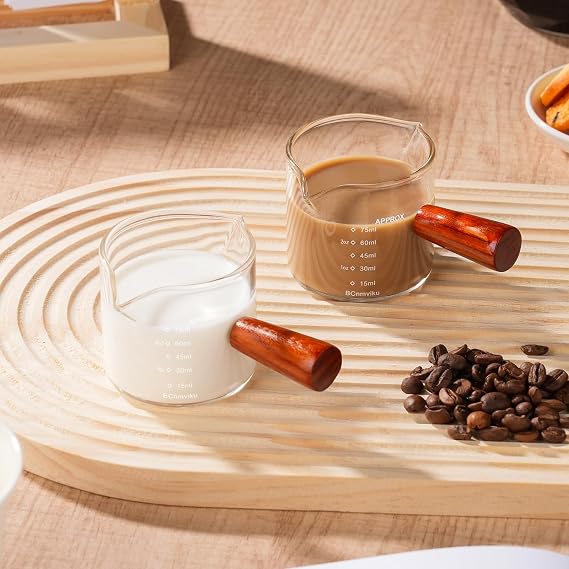 BCnmviku 75ml Espresso Cup,Small Measuring Jug Wooden Handle for Barista(2) | coffee,milk,latte,ml/oz scales for espresso extraction,latte art & home coffee brewing,double v-spouts