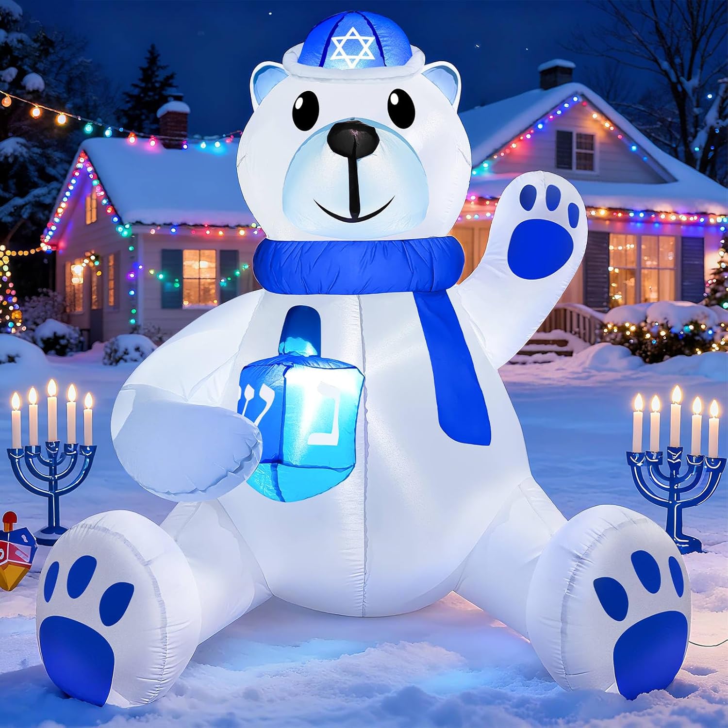 4 FT Hanukkah Inflatable Decorations, Large Sitting Polar Bear Holding Dreidel with 3 LED Lights - Blow Up Chanukah Yard Decor for Outdoor Lawn Garden Home Holiday Party​