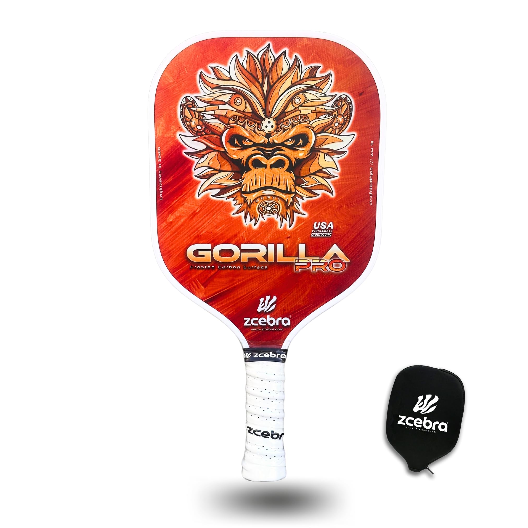 Pickleball Paddle Graphite – Raquette en Fibre de Carbone renforcé 16 mm d'épaisseur de Panneau d'abeille en polypropylène Texture Rugueuse – Set Housse en néoprène – Gorilla Pro Orange