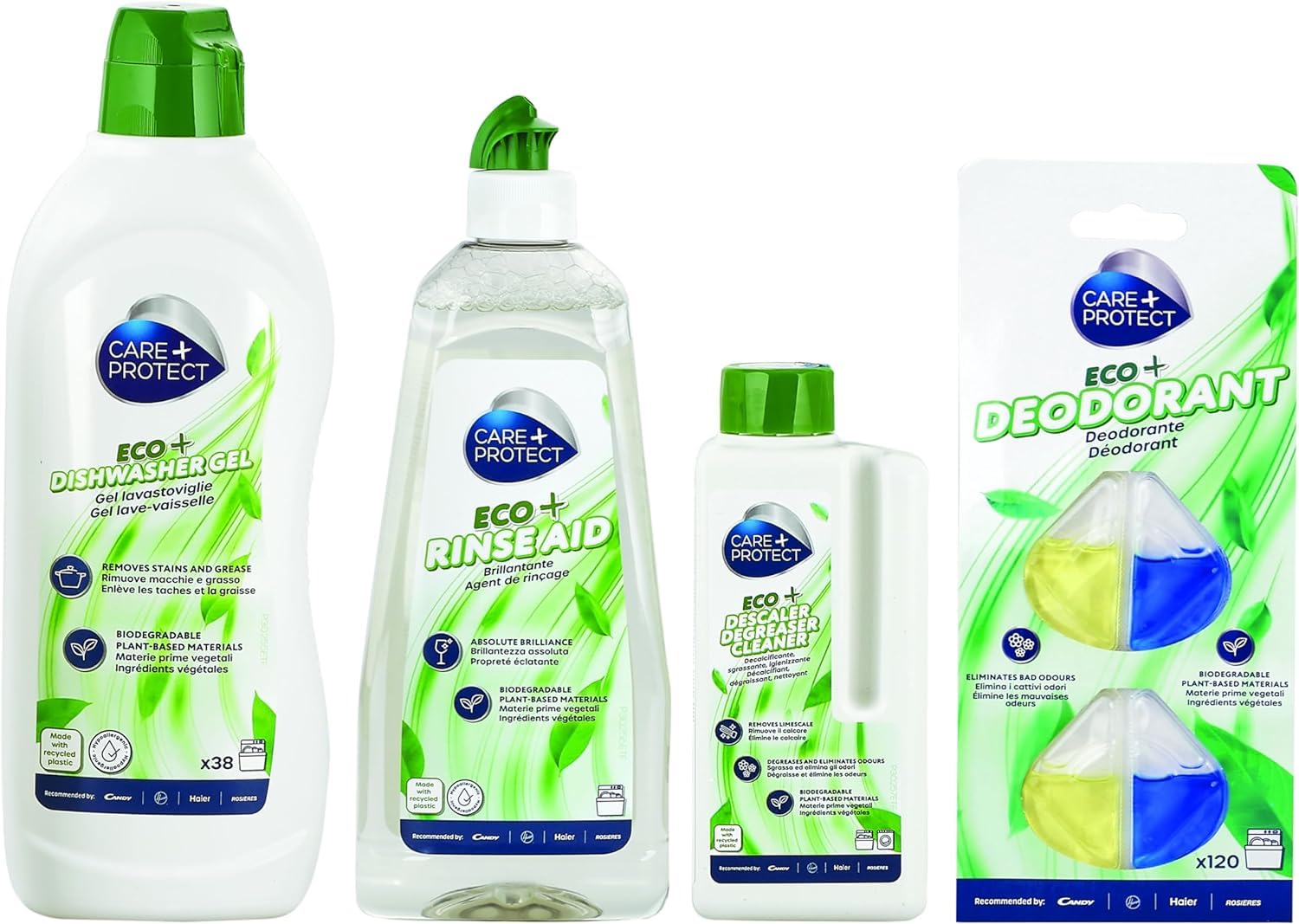 Evita olores en lavavajillas usando el pack ecológico CARE + PROTECT con limpiador 3-en-1