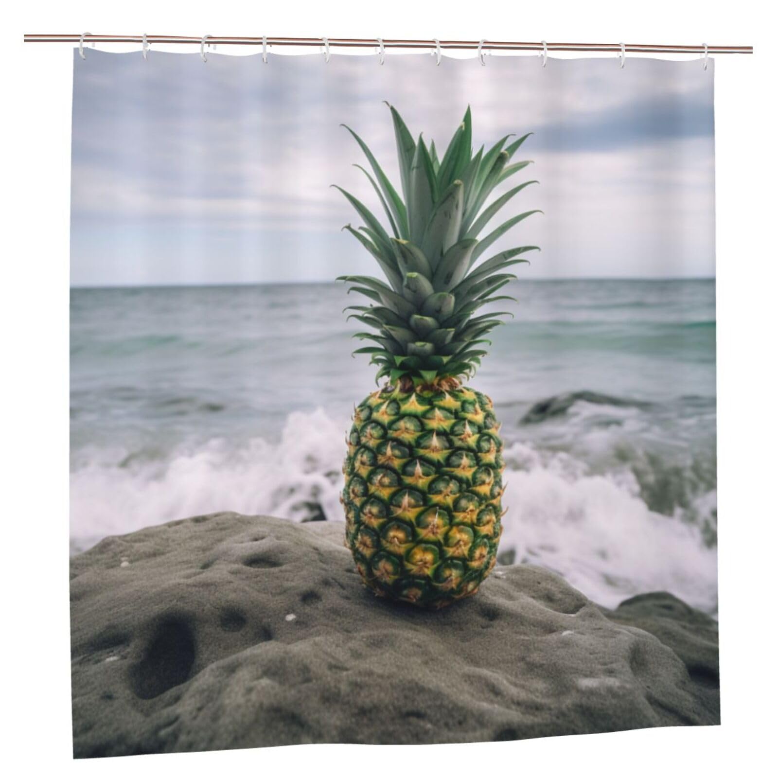 BWWHCCTI Green Pineapple in Seaside Printed Shower Curtain With 12 Plastic Hooks Opaque Quick Drying Waterproof Shower Curtains Sets For Bathroom 183x183 CM