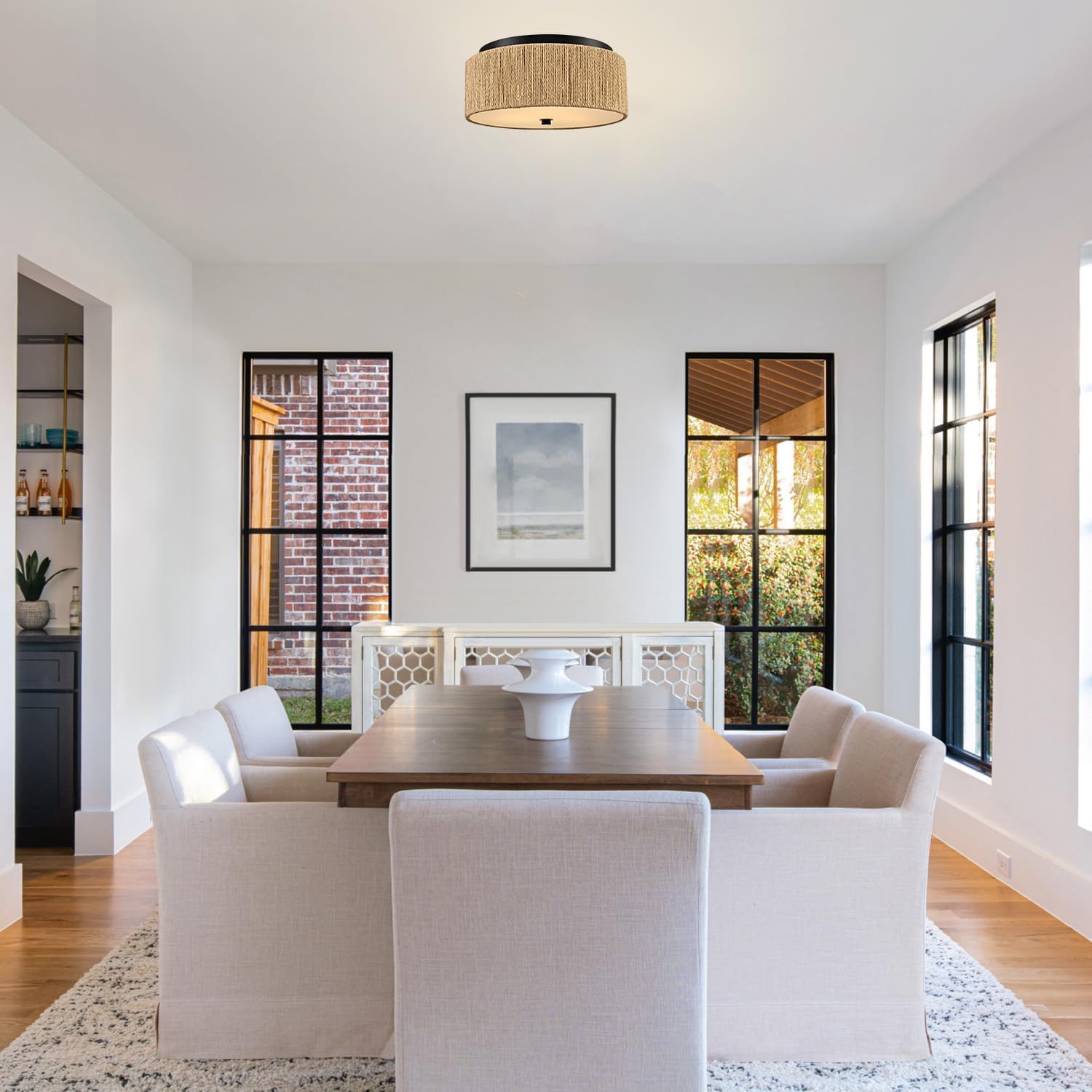 YUBOLE Woven Ceiling Light 3-Light Bohemian Flush Mount Ceiling Light with Paper Hemp Rope Drum Shade for Bedroom Hallway Bathroom Dining Room-Black & Brown