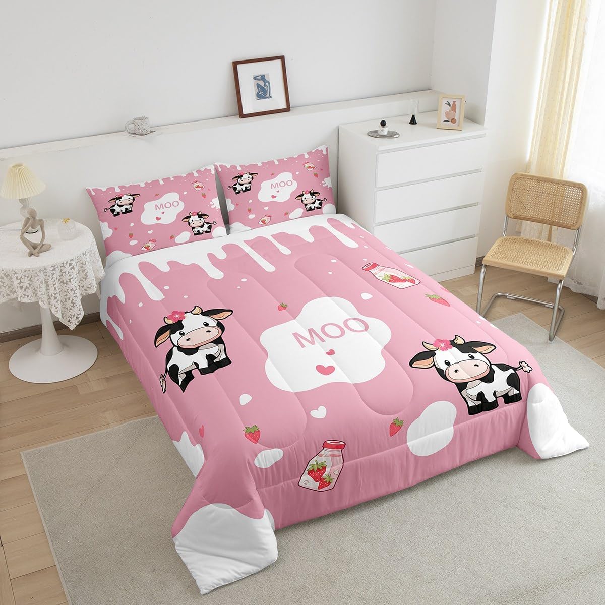 Cute Milk Cow Comforter Set,Strawberry Milk Bedding Set for Kids Girls Women,Adults Cartoon Animal Comforter,Pink White Black Quilted Duvet Set Bedroom Collection Twin Size 2Pcs