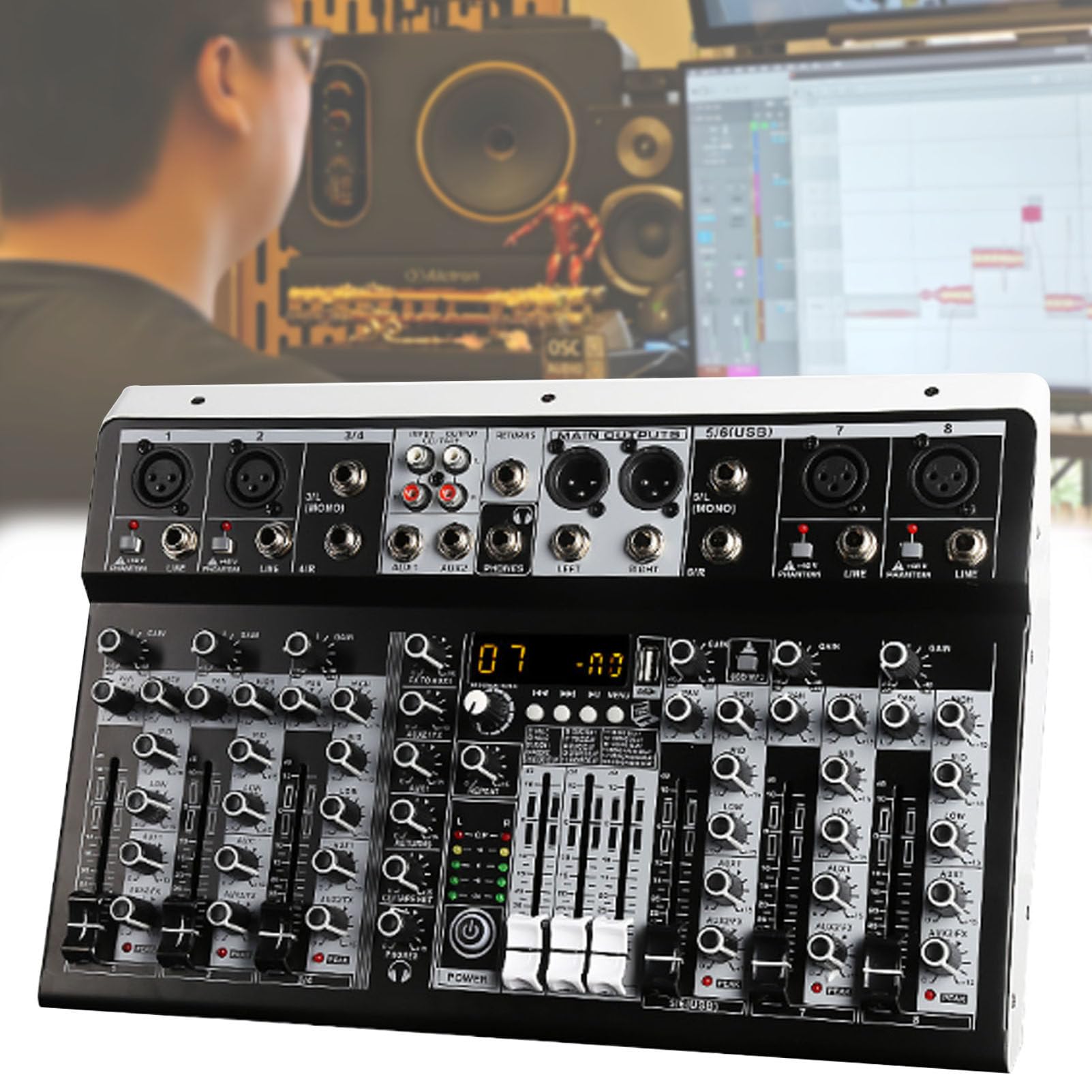 Mezclador de Audio Profesional, Mesa de Mezclas de música Profesional, Mezclador de DJ, con Efecto de retardo de Eco Bluetooth USB Digital de 5 Canales, para grabación en PC. 6-Channel