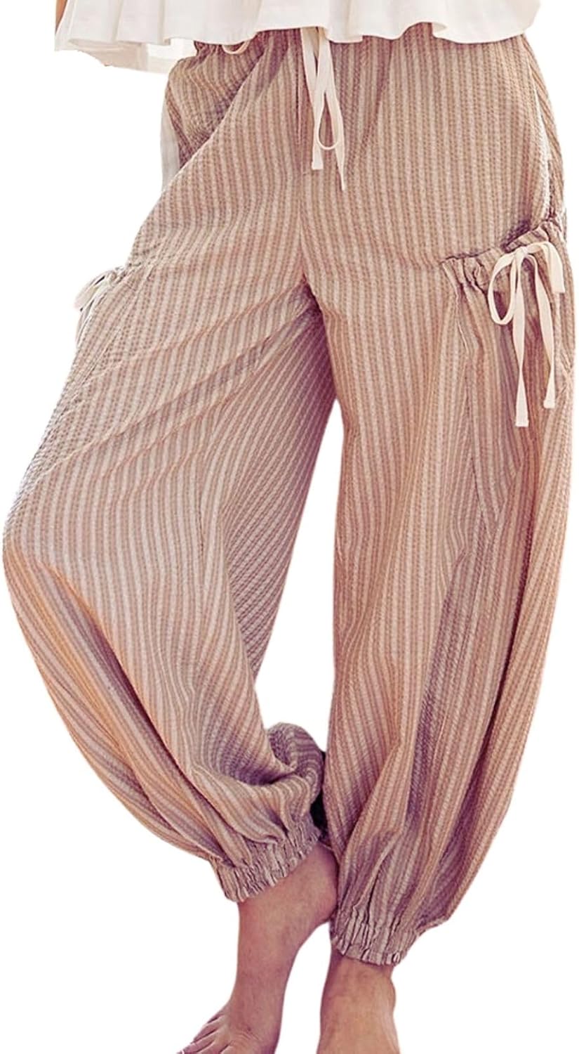 Women Drawstring Striped Pants Loose Wide Leg Casual Lounge Pants with Pockets