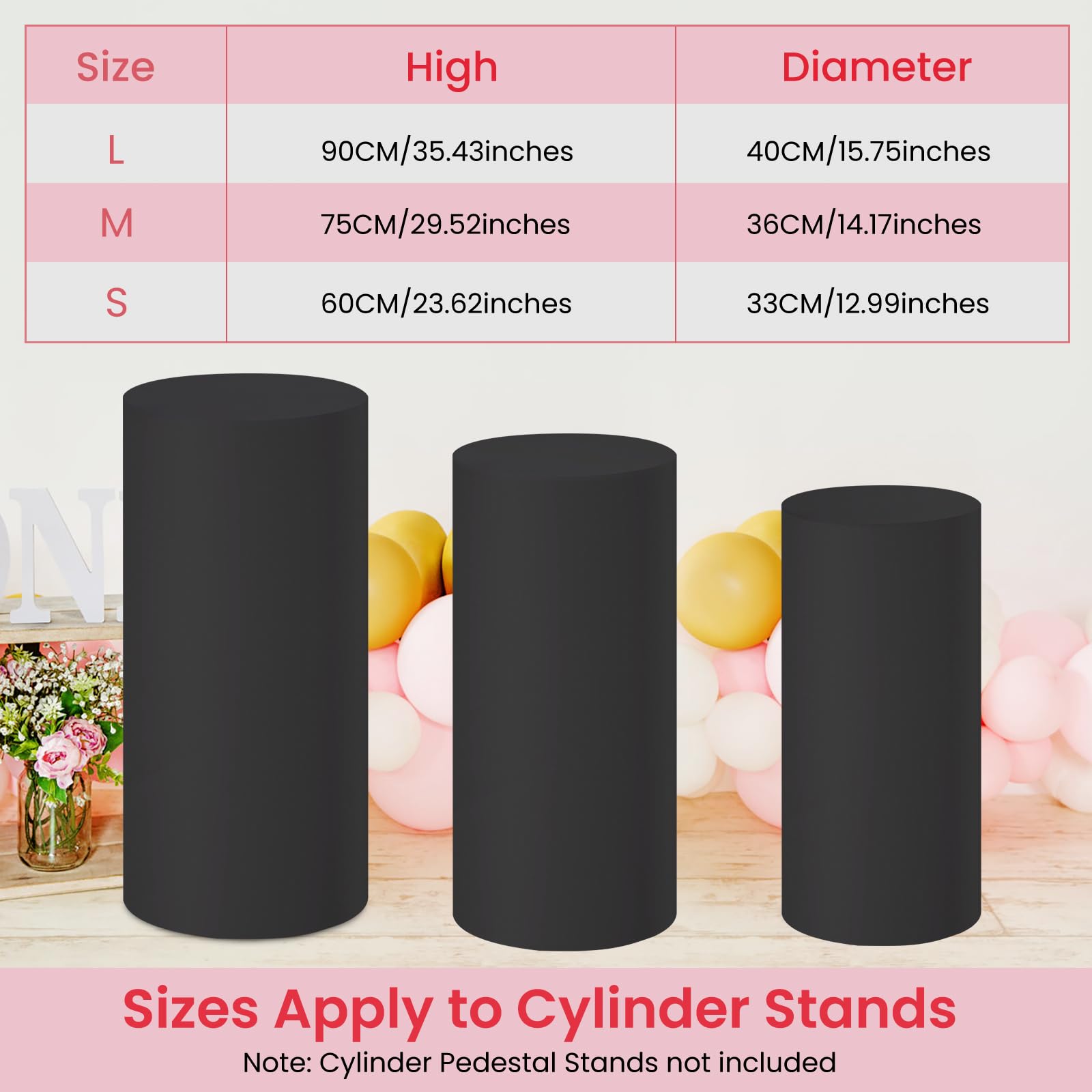 Black Cylinder Covers Set of 3 for Party Cylinder Pedestal Covers,Plinth Stand Pillar Cover,Spandex Cylinder Cover for Birthday Party Wedding Props Decor (Only Cover)