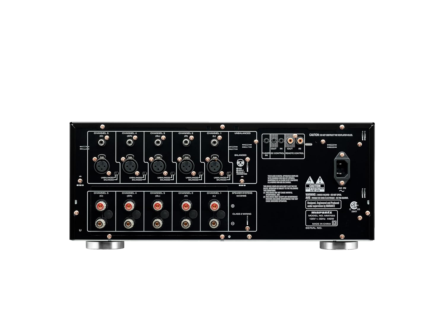 Bag view of the Marantz MM7055 5-Channel Power Amplifier showing input and output terminals