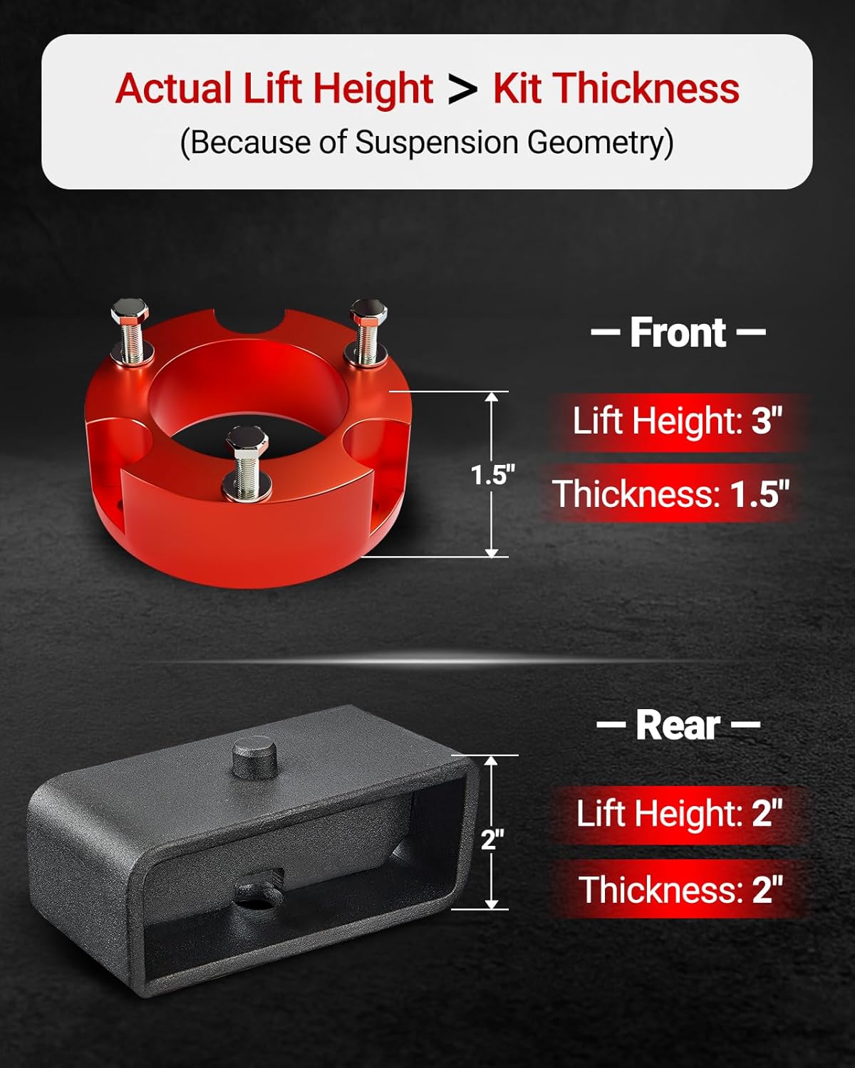 EVIL ENERGY 3" Front and 2" Rear Leveling Lift Kit Compatible with Toyota 2005-2023 Tacoma 2WD/4WD (6 lugs only), 3 inch Front and 2 inch Rear Suspension Strut Spacers Red