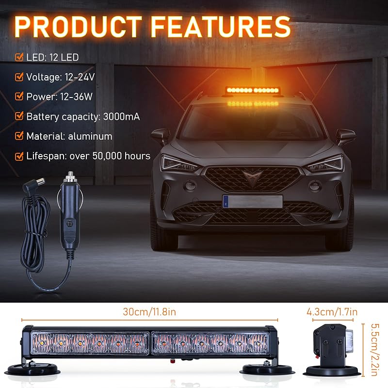 Dinfu 12 Colos LED Figyelmeztető Fénysor - 12V Sárga Villogó Szalag 14 Üzemmóddal - Autó, Teherautó, Traktor Vészjelző Lámpa Szivargyújtós C