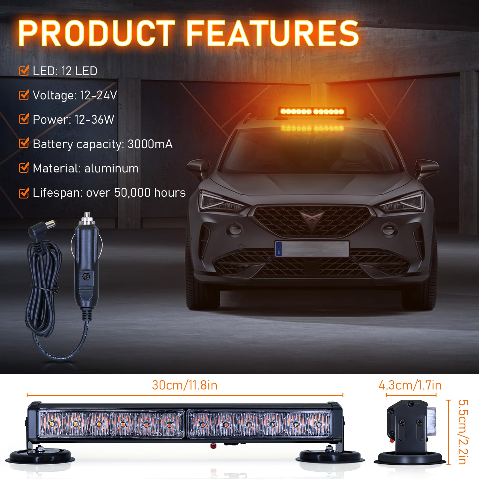 Dinfu 12 Zoll Blinken LED Warnleuchte Akku Gelbe Lichtleiste, 12v frontblitzer orange led blitzer mit 14 Blinkende Stroboskop-Modi für Auto Pkw Truck Traktor KFZ LKW (mit Zigarettenanzünder)