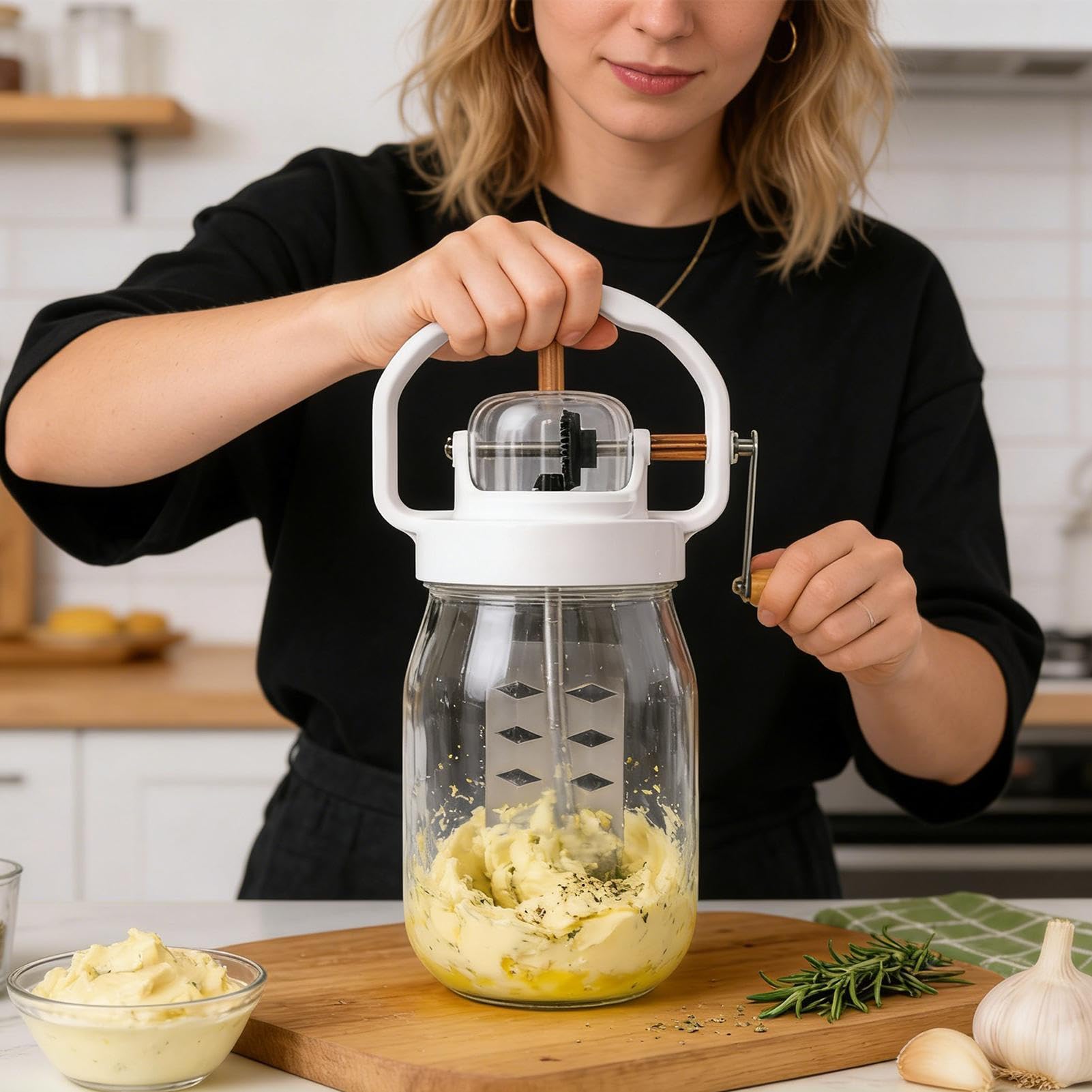 per burro – Strumento di miscelazione per burro 1500 ml con barattolo in vetro e frusta – Compreso frullatore per uova e bottiglia di vetro – per pasticceria, cucina, marmellata, salsa