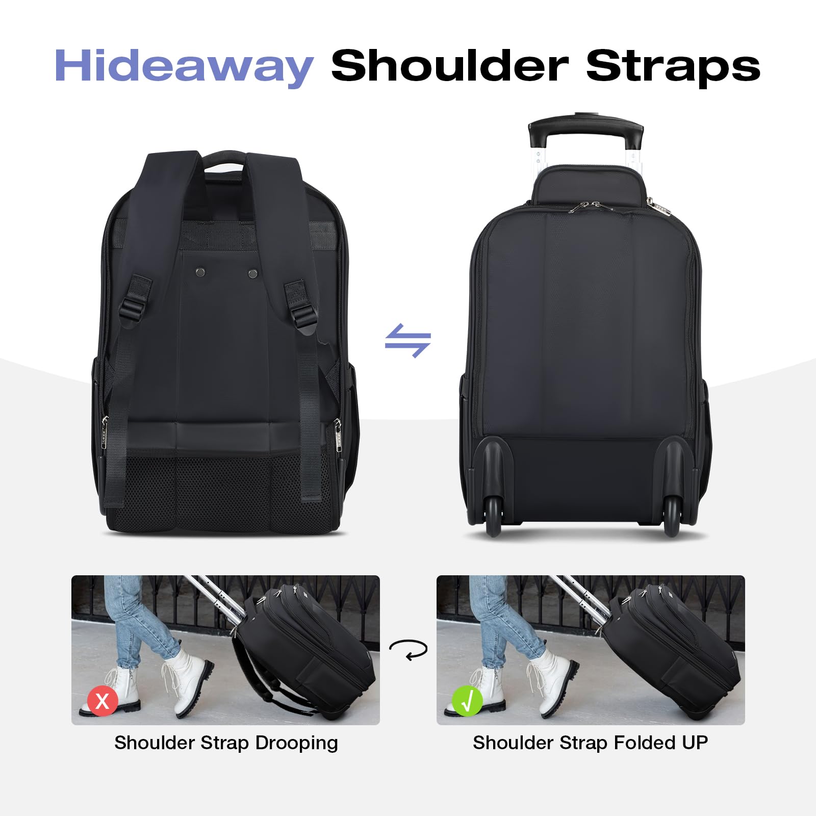 Zaino Trolley Viaggio, Porta PC 17 Pollici Bagaglio a Mano, Impermeabile Borsa da Viaggio con Ruote per Uomo e Donna, Scuola, Università, Viaggi, Università,Aereo Affari, Nero