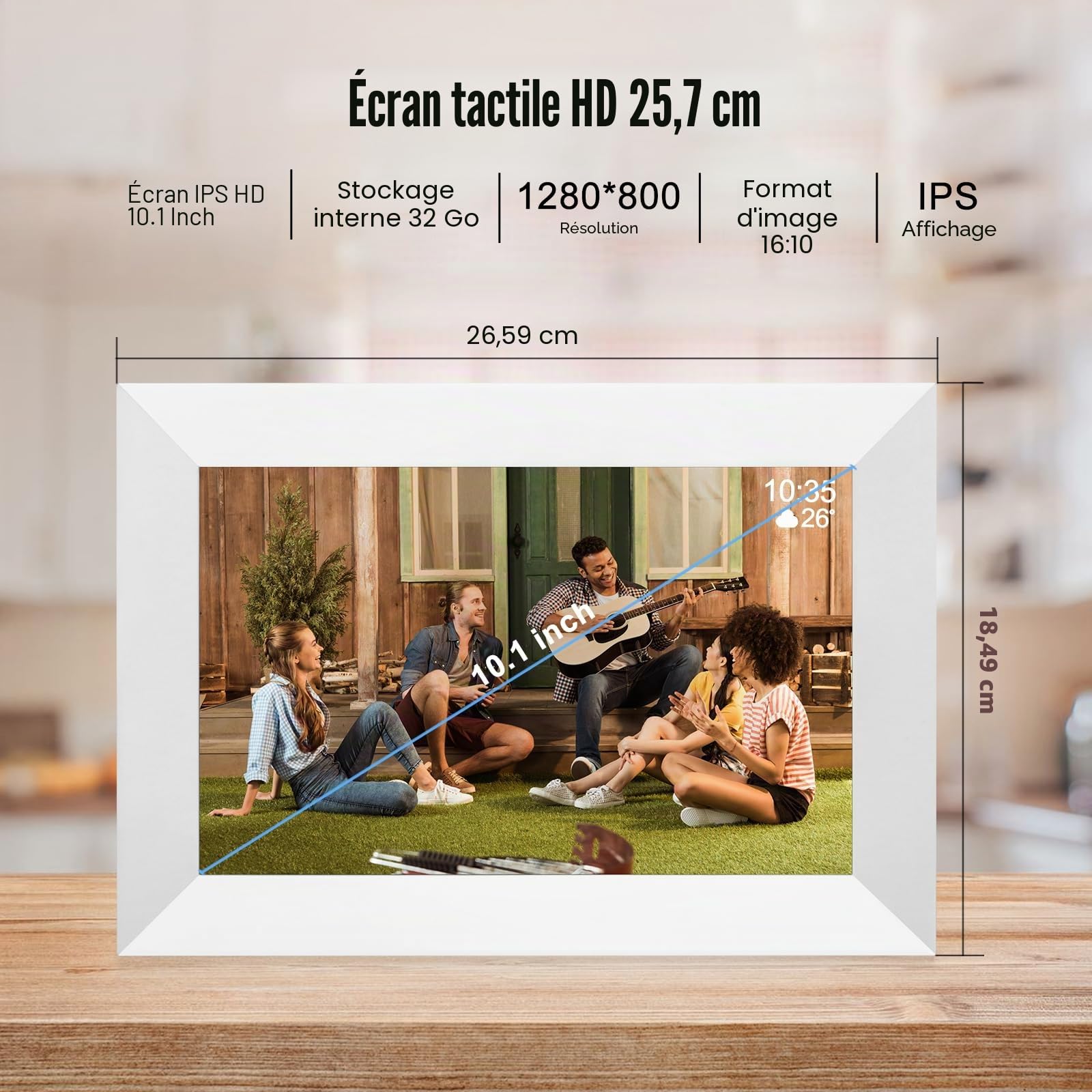 Cadre photo numérique WiFi de 10,1", écran tactile IPS 1280 x 800, cadre numérique intelligent, mémoire de 32 Go, rotation automatique, partage de photos et de vidéos via l'application Frameo (blanc)