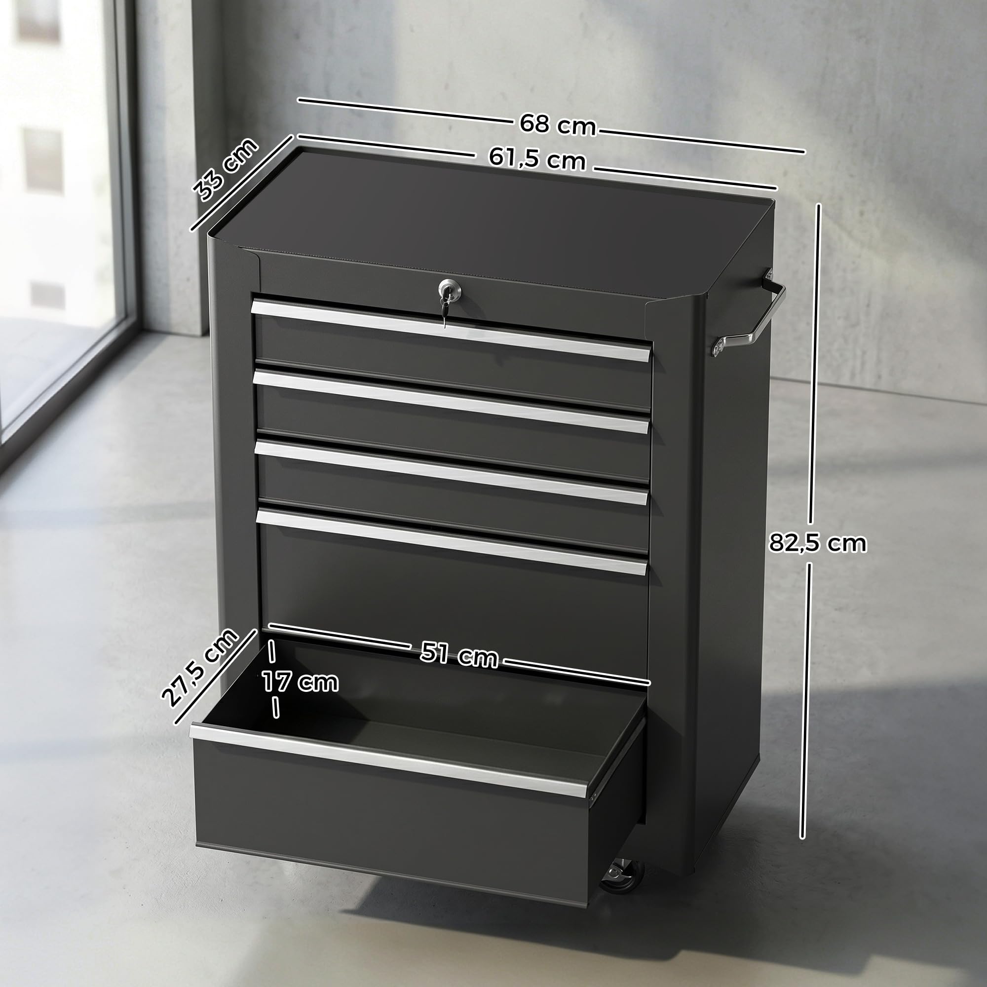 HOMCOM Servante d'Atelier Vide en Acier 5 Tiroirs sur Roulettes Noir | Chariot à Outils, Verrouillable 2 Clés, Tapis EVA Antidérapant, Caisse à Outils Pour Atelier, Garage