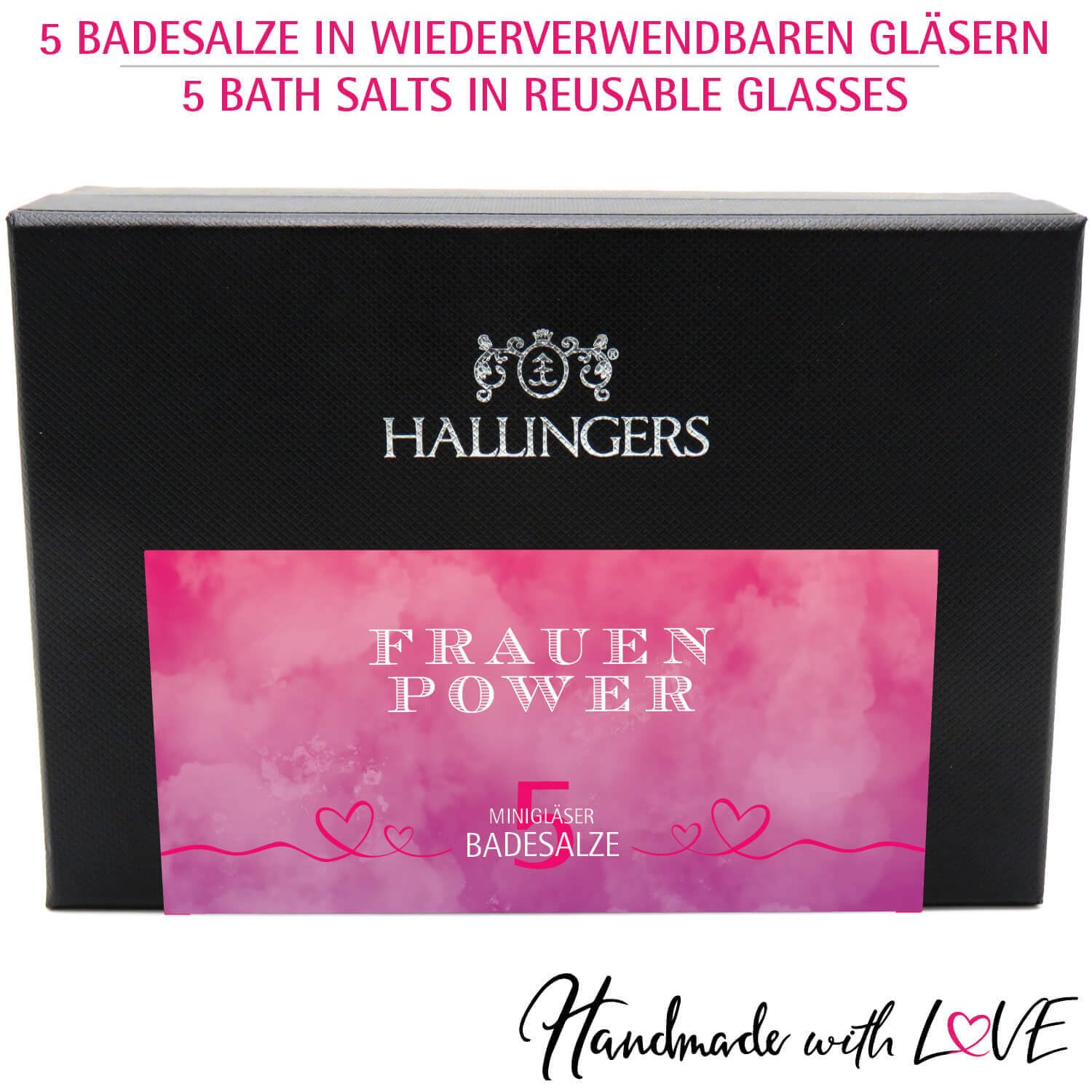 Hallingers Genuss Manufaktur Badesalze Geschenk-Set - 5x Badezusatz mit Totes Meer Badesalz edle Geschenkbox, Badekristalle Fußbad & Spa "Frauen-Power", Geschenkidee für Frauen Freundin