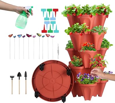 DUNCHATY Stackable Planters 6 Tier Vertical Garden Planting Tower Planters Strawberry, Herb, Flower, and Vegetable Planter Indoor Outdoor Gardening Pots with Removable Wheels and Tools