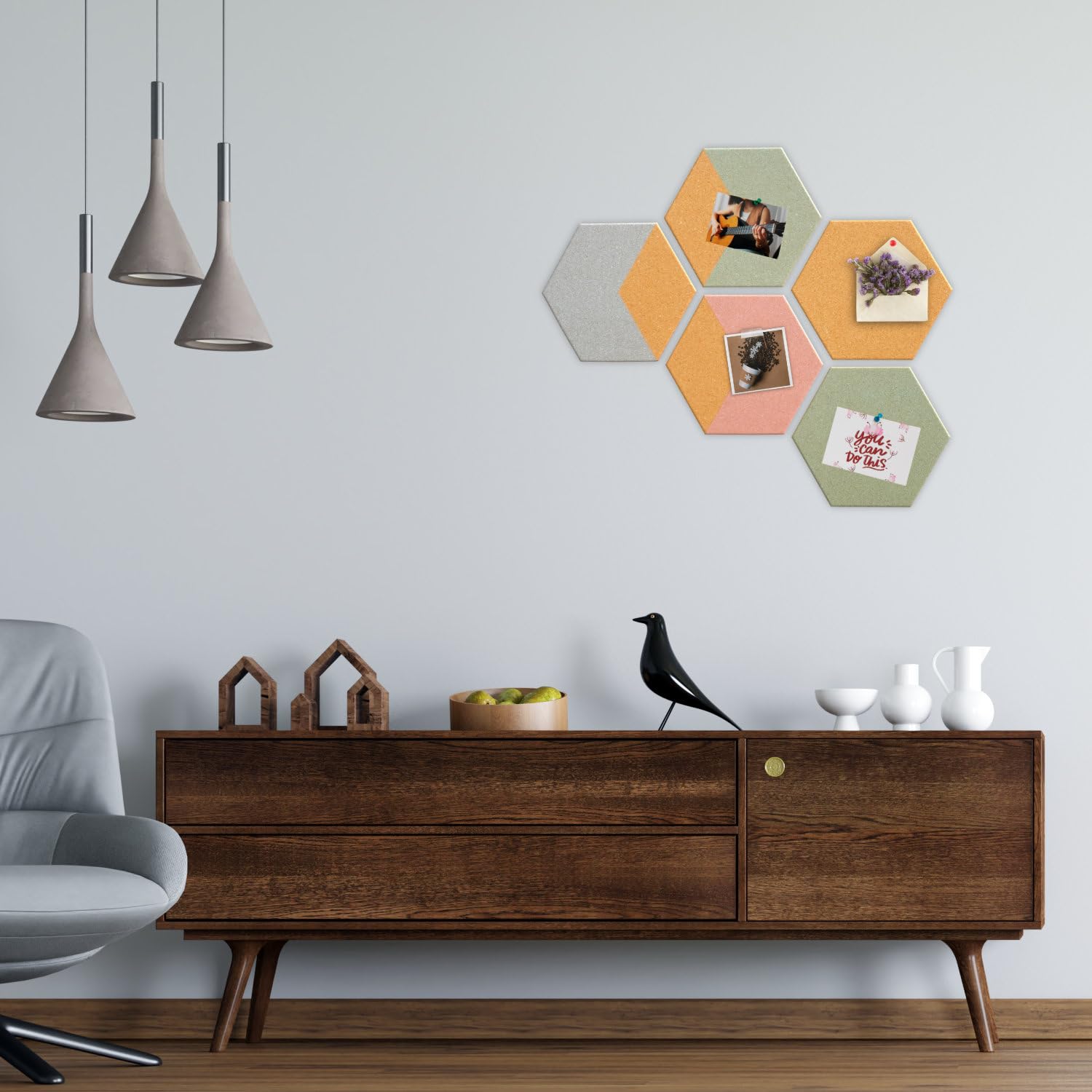 Pannello Esagonale in Sughero Adesivo per Decorazione Parete (5 Pezzi) - Quadro Decorativo Con Puntine e Pinze - Piastrelle in Vero Sughero per Moodboard
