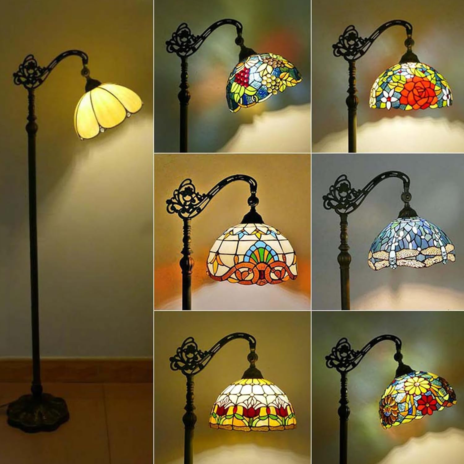 Tiffany Floor Lamp Base Replacement, Only Arched Lamp Base, Gooseneck Adjustable Corner Standing Reading Light Base for 12 Inch Stained Glass Lampshade, Height 65 Inch Bronze Finished Base