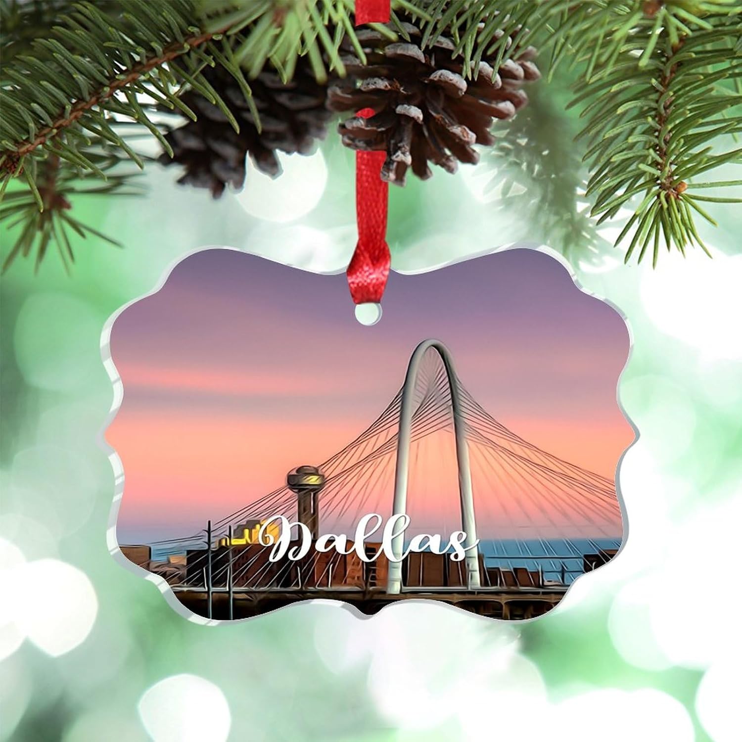 Texas USA Downtown Cityscape Personalized Christmas Ornaments 2023 Dallas Travel Christmas Decorations for Tree Clear Acrylic Ornaments Unique Winter Holiday Hanging Decorations Pendant