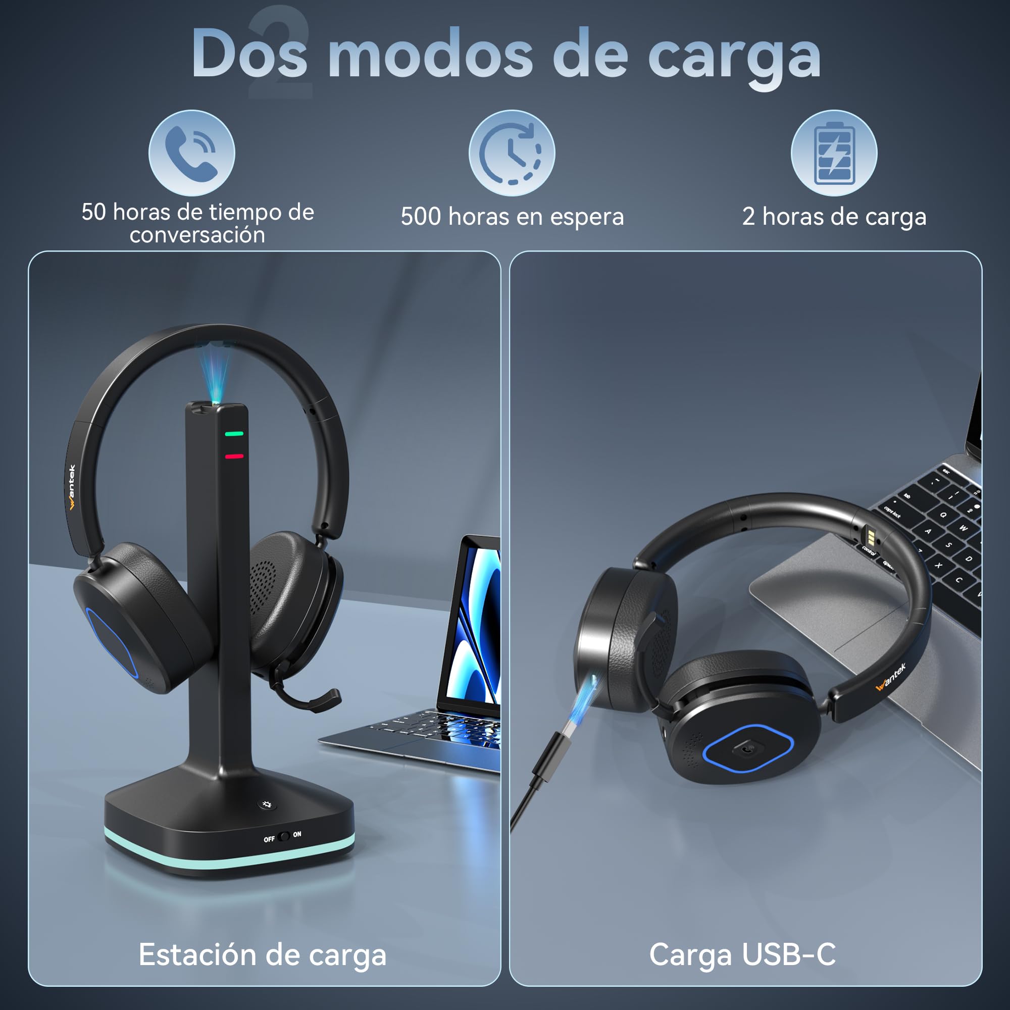 Wantek Auriculares Bluetooth con Micrófono, Base de Carga y Dongle USB, Bluetooth 6.0, Cancelación de Ruido, Conexión Dual, 50 Horas, para PC, Portátil, Móvil, Teams, Zoom y Oficina
